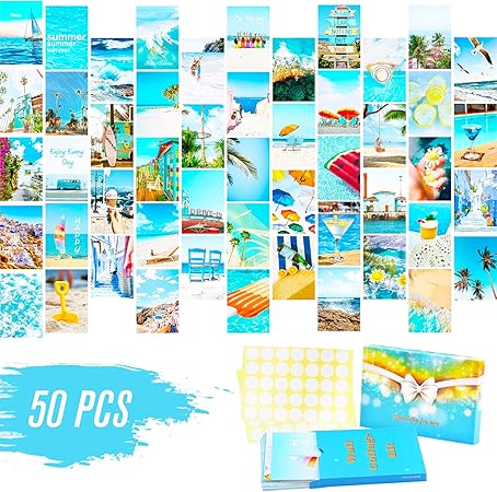 Amazon Com Pashop 50 Pcs Wall Collage Kit Photo Collage Kit For Wall Aesthetic Light Blue Summer Beach Wall Posters Prints Dorm Photo Collection Posters Prints