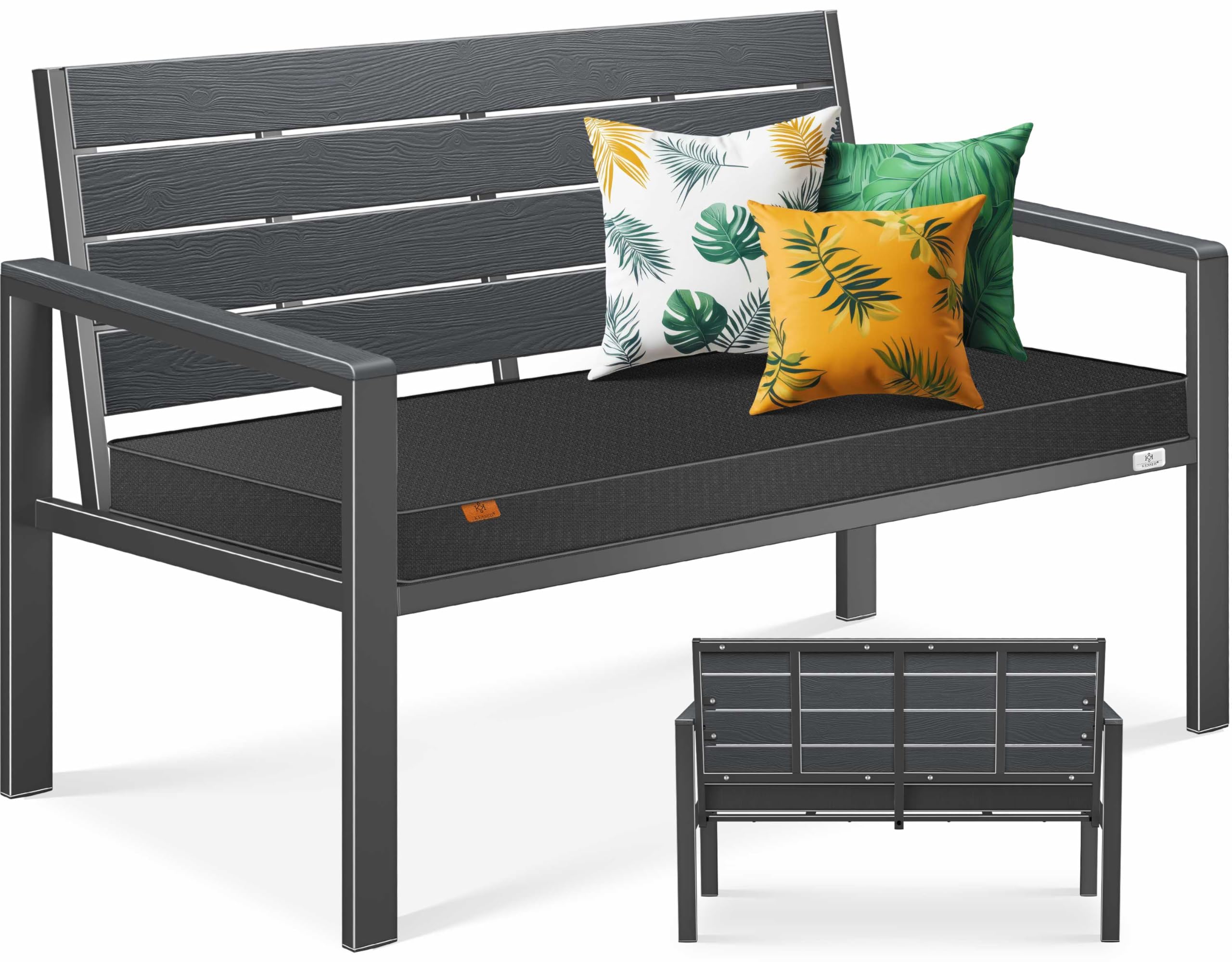 KESSER® Gartenbank mit Kissen – Sitzbank Wetterfest 2-Sitzer Parkbank in Holzoptik Balkonbank für Garten Terrasse Balkon bis 300 kg belastbar UV-beständig inkl. abnehmbarem & waschbarem Polsterbezug