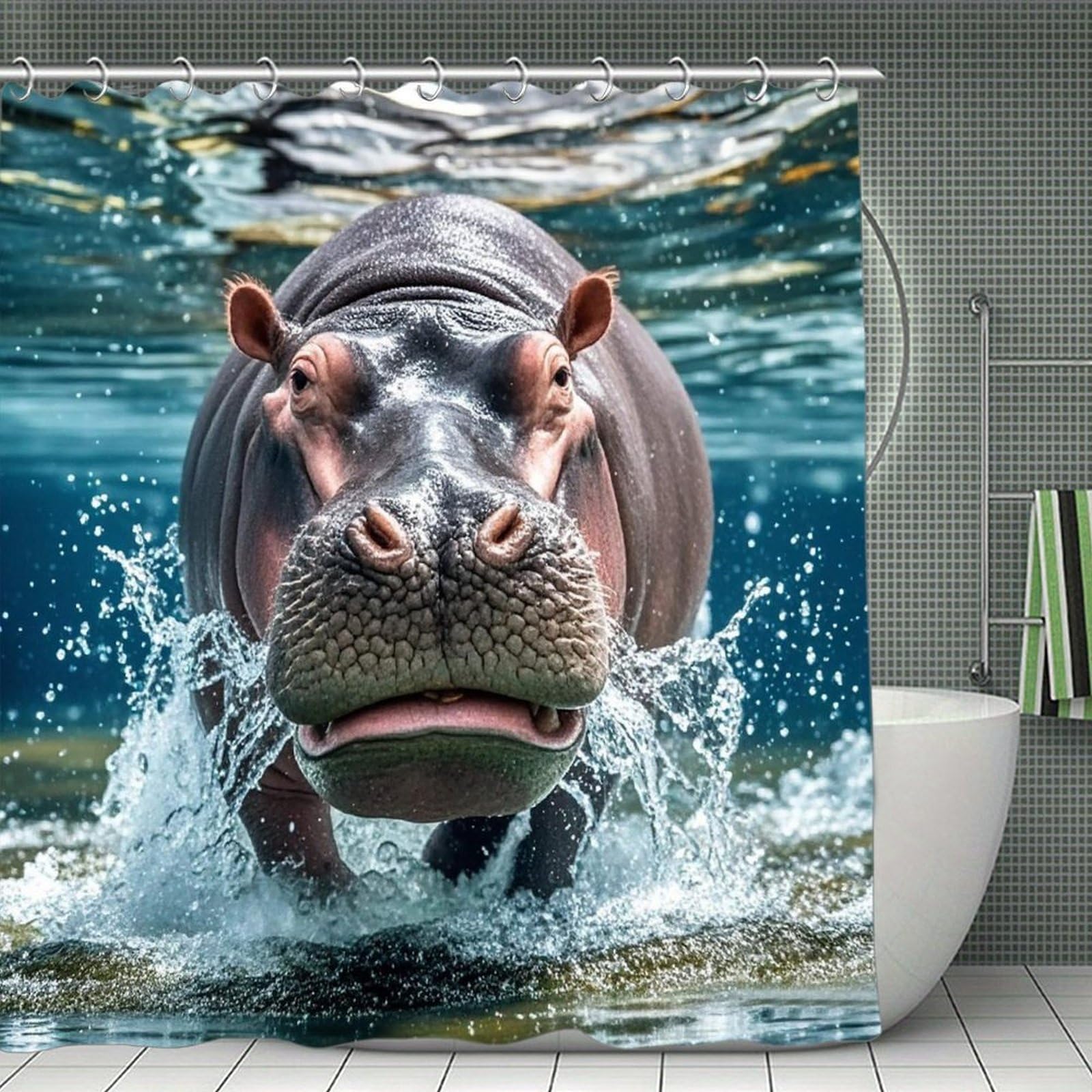 FekiLoot Diving Hippo Shower Curtain Minimalist Aesthetic Bath Curtain with Hooks Simple Water Resistant Bathroom Shower Curtains Cute Blackout Privacy Curtains Cloth Curtain