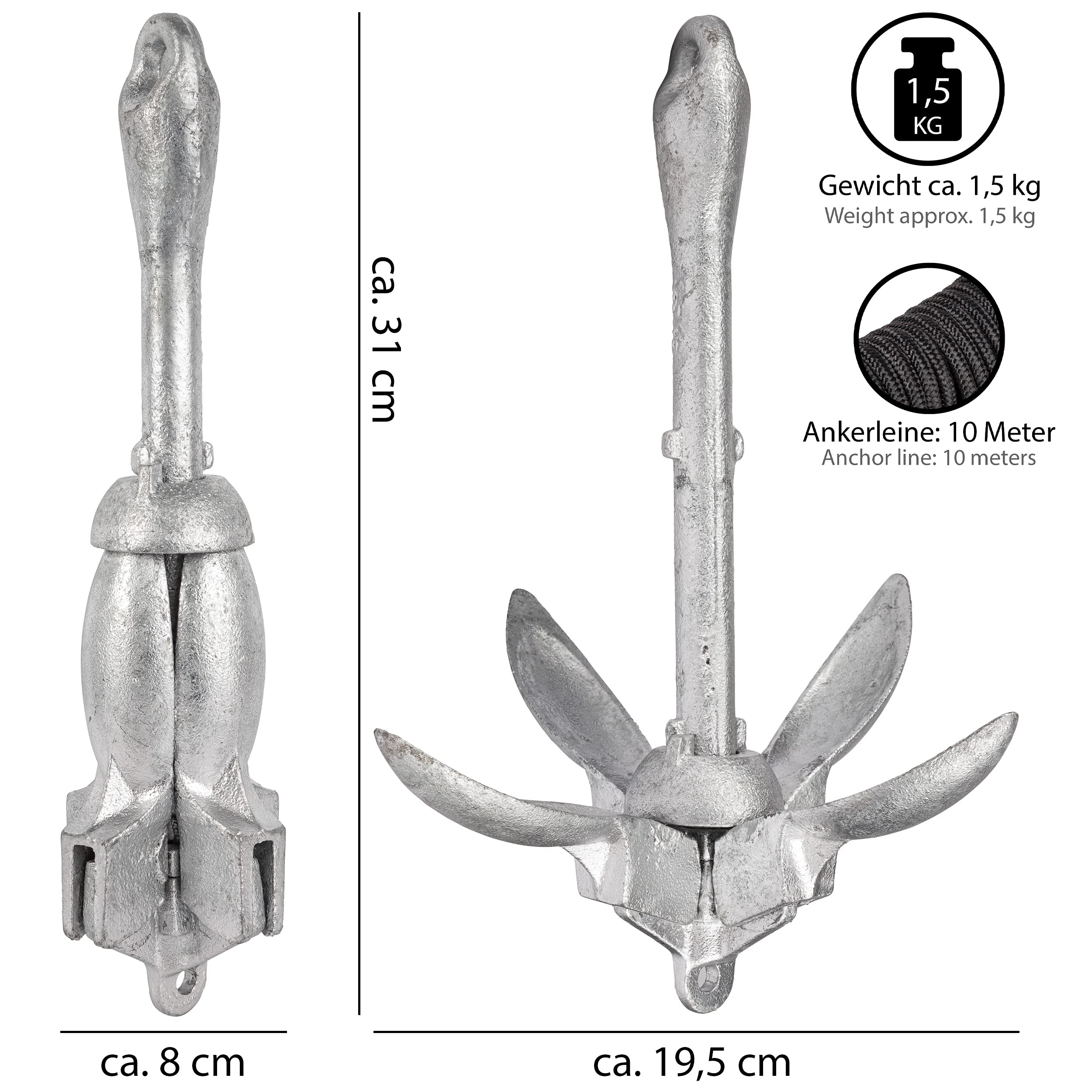 ONVAYA® Bootsanker | Klappanker | Set inklusive Ankerleine mit Karabiner, Ankerboje und Transportbeutel | Faltanker | Anker für Boot, Schlauchboot, SUP, Kajak, Kanu