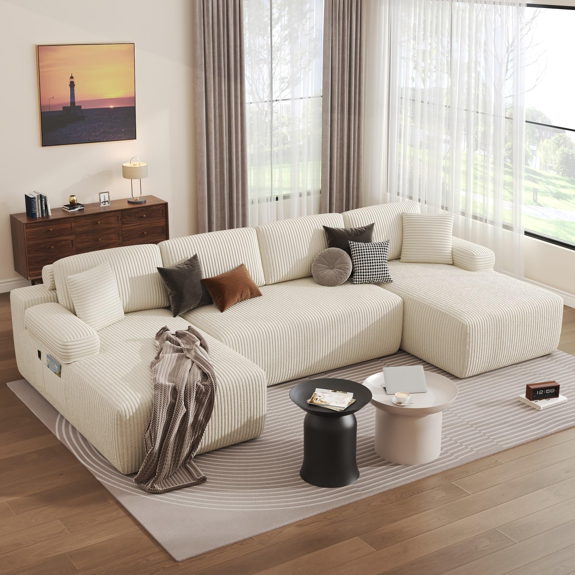 DURASPACE 320cm Modulares U-förmiges Sofa,Cloud-Sektionalsofas für das Wohnzimmer, Schlafsofa aus Cord mit Memory-Schaum, Keine Montage Erforderlich (Beige)