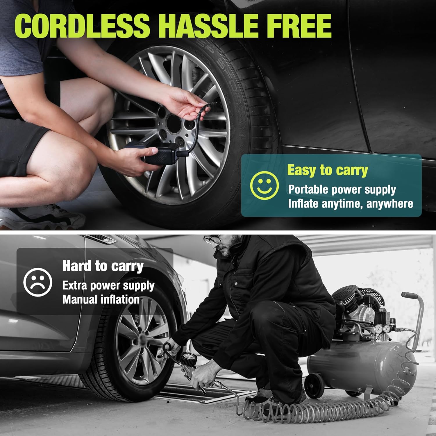 WORKPRO Portable Tire Inflator, 7.2V/12V Small/Mid/Large Air Compressor, Digital Display, Auto Shut-Off, 5 Modes, LED Light, High Airflow, for Car, Motorcycle, Bike, Balls