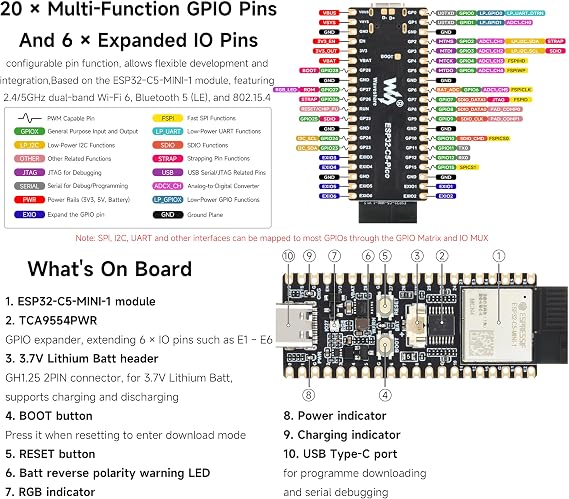 ESP32-C5 デュアルバンド Wi-Fi6 Dev ボード、オンボードアンテナ、はんだ付け済みヘッダーなし