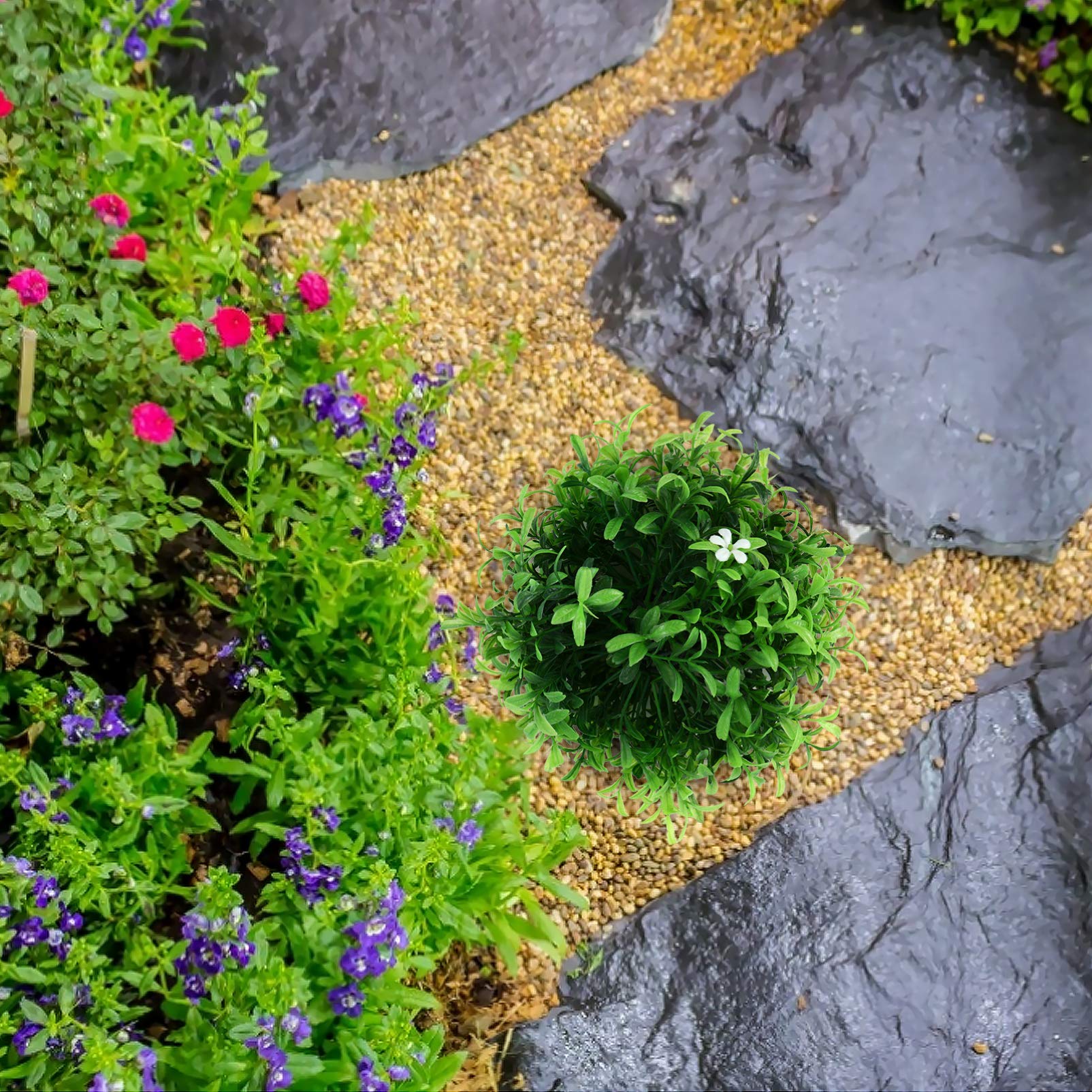 Happyyami Preserved Boxwood Balls Outdoor Plants Topiary Green Plant Grass Boxwood Fake Grass Greenery Plants Leaves with White Flower for Home Mall ation 21cm Wedding Table