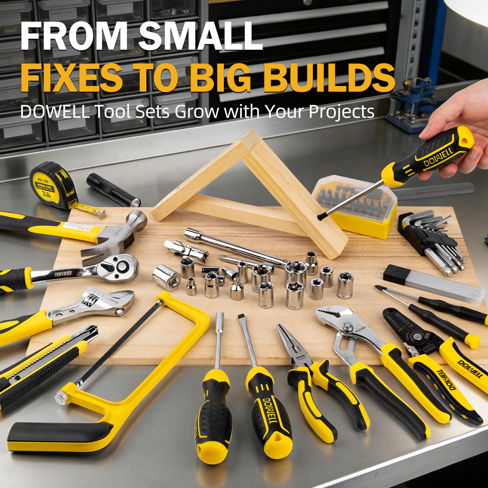 DOWELL Lot de 299 outils à main professionnels avec douilles, pinces, clés hexagonales, tournevis pour la maison, la réparation automobile, l'atelier et le bricolage d'urgence