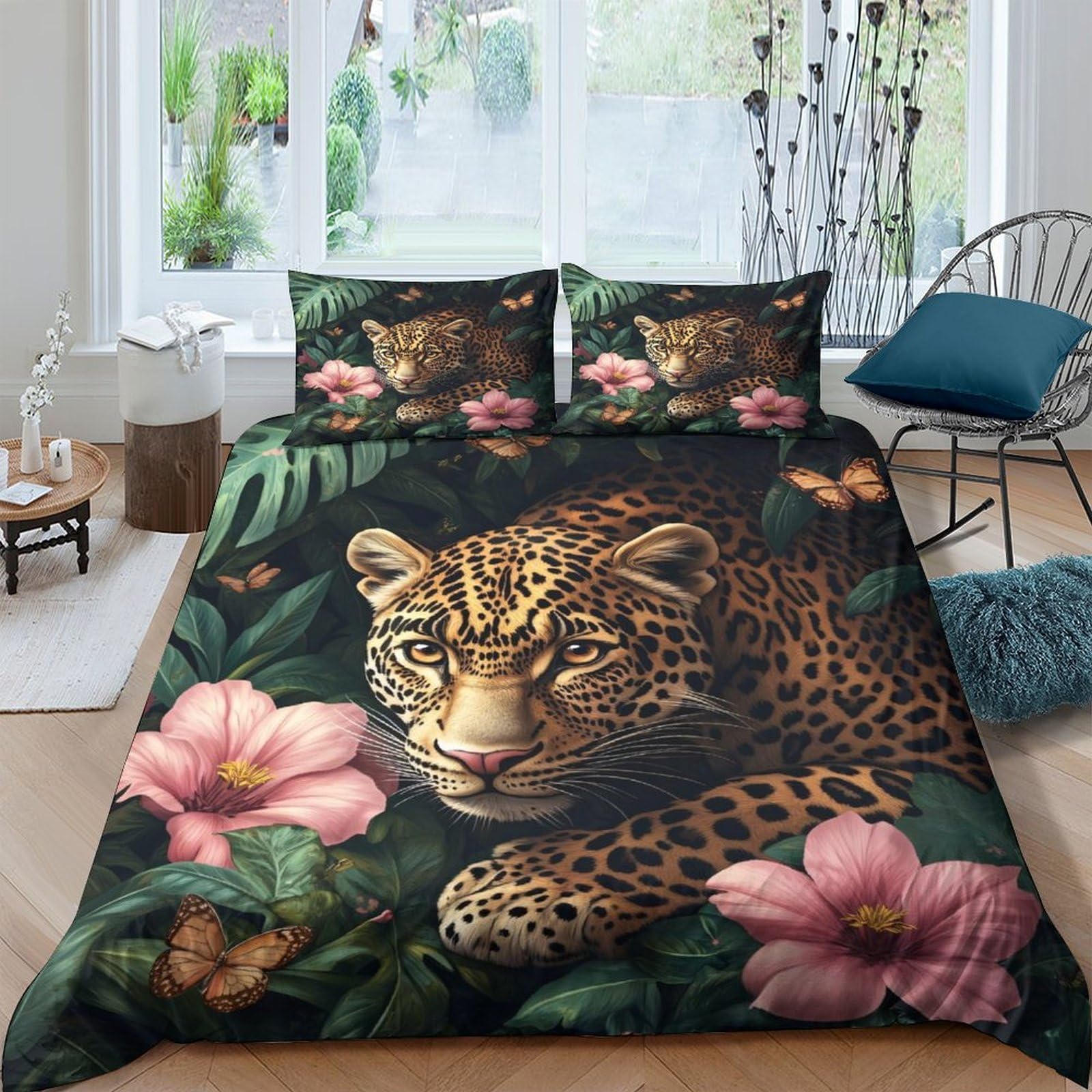 Ctjqhvkz Style-1 3D Printed Leopard Jungle Fitted Sheet Microfiber Floral Bed Cover With Anti-Slip For Bedroom Guest Room Decor Single（135X200cm）