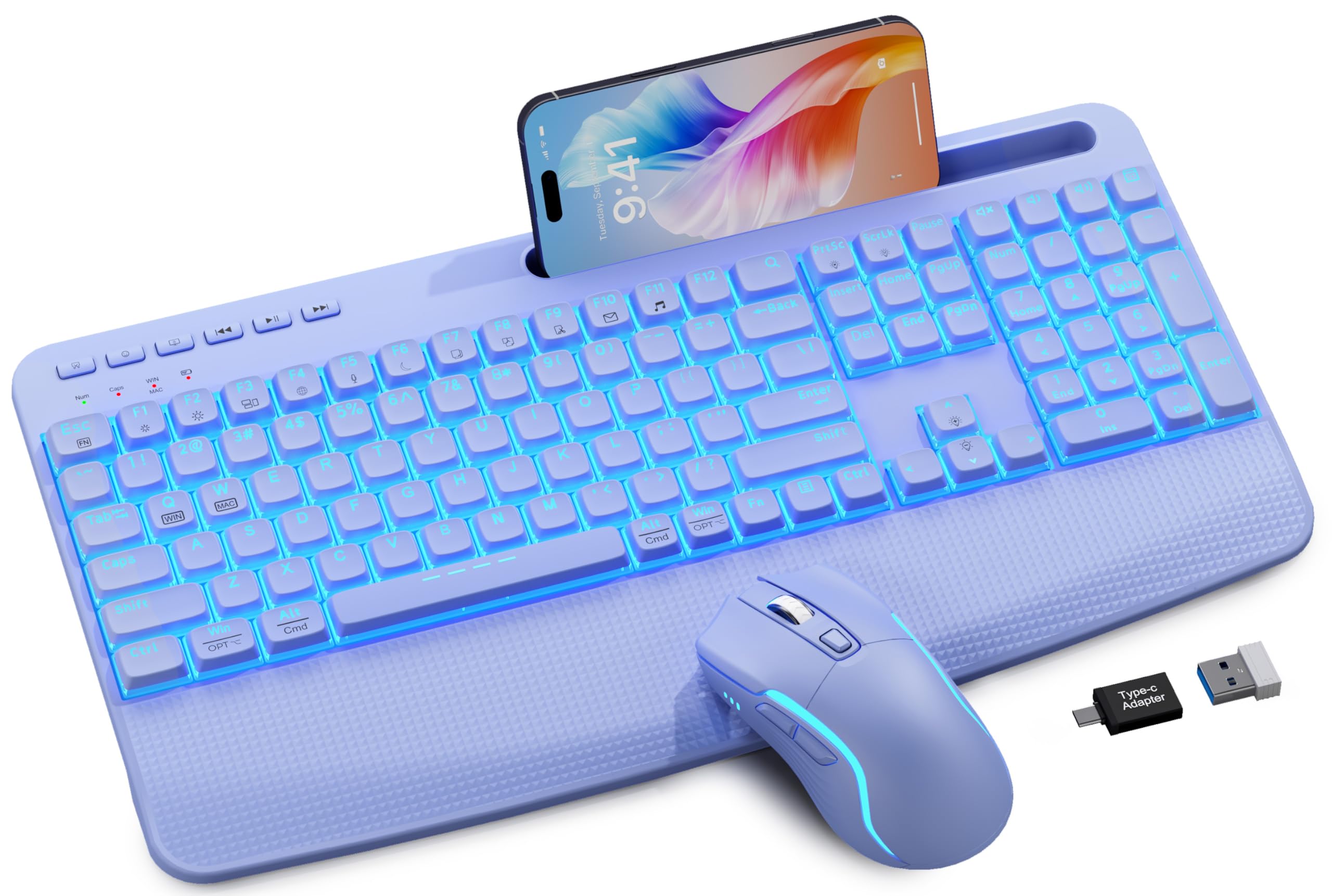 Purple Keyboard and Mouse Wireless Combo, 4000mAh Rechargeable Backlit Quiet Keyboards mice Set, USB Ergonomic Key Board with Wrist Rest & Phone Holder for PC, Mac, Windows, Natural Soft Typing-image-4