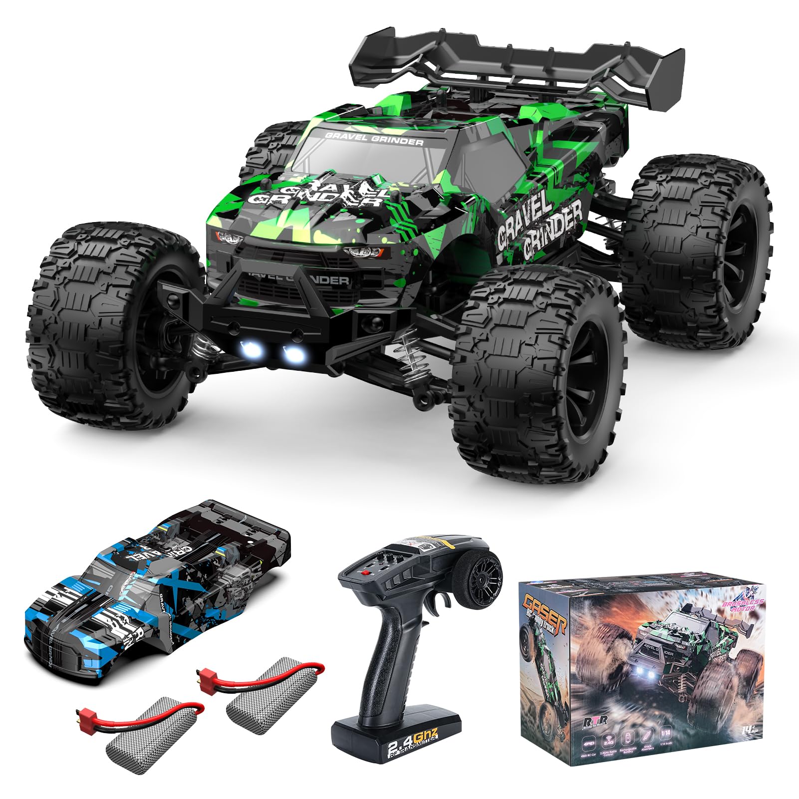 ITEFDTUTNE 1:14 Brushless Remote Control Cars, Max 60KM/H Off-Road All Terrain Electric RC Truck, 4WD RC Monster Truck with 2.4 GHz Remote Control and 2 Lipo Batteries for Kids Adults Boys Gifts
