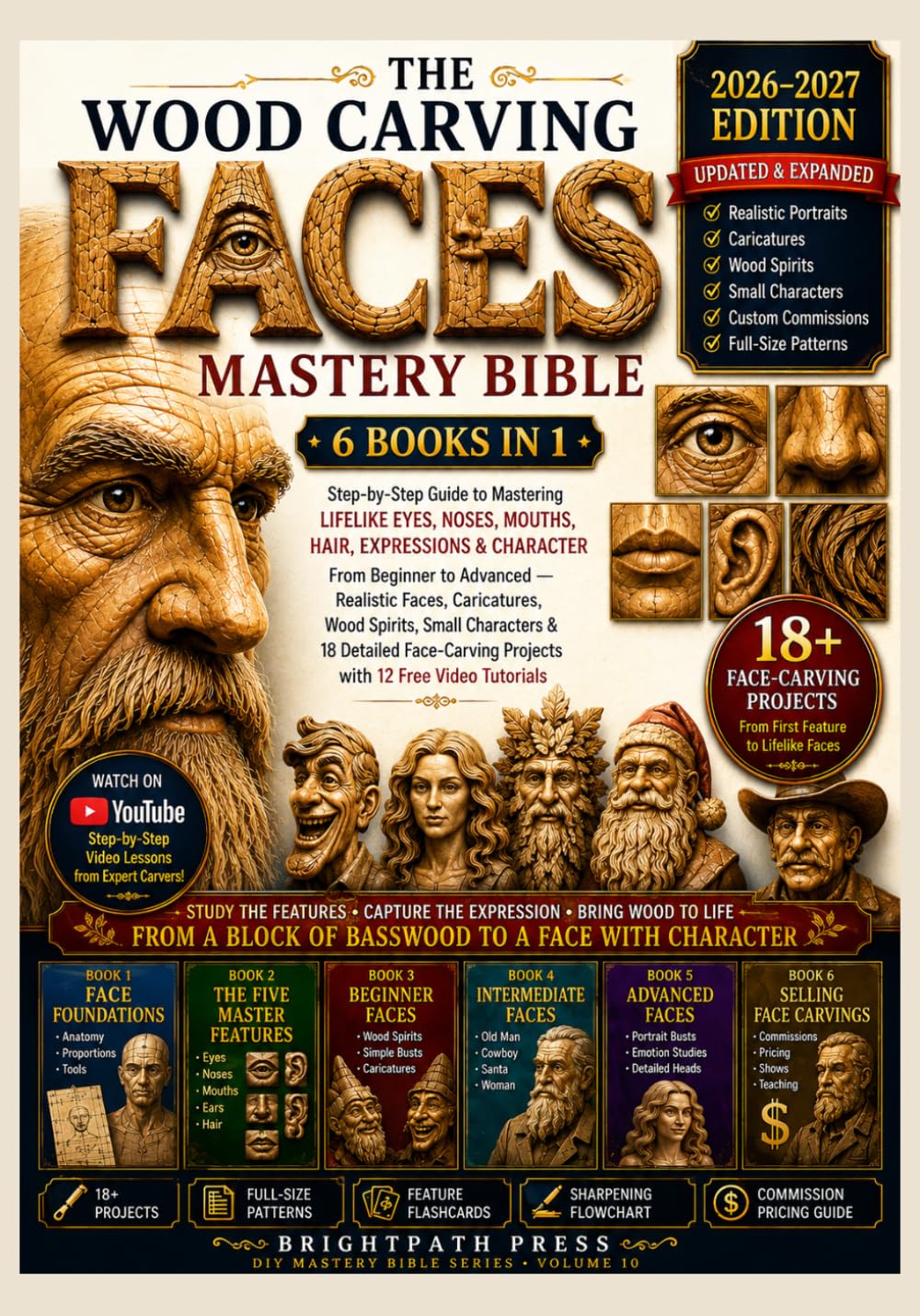 The Wood Carving Faces Mastery Bible [6 Books in 1]: Step-by-Step Guide to Mastering Lifelike Eyes, Noses, Mouths, Hair, Expressions & Character - From Beginner to Advanced - Realistic Faces