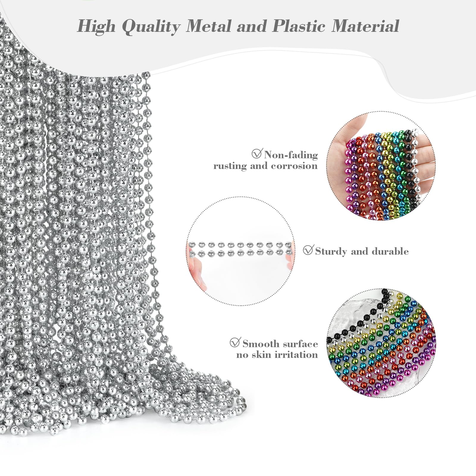 144 PCS Silver Bead Necklaces, Silver Mardi Gras Christmas Beads Necklace, Patriotic Necklaces, 33 Inch Beaded Necklace for Mardi Gras Christmas Party, 4th of July and New Year Eve Festive Events