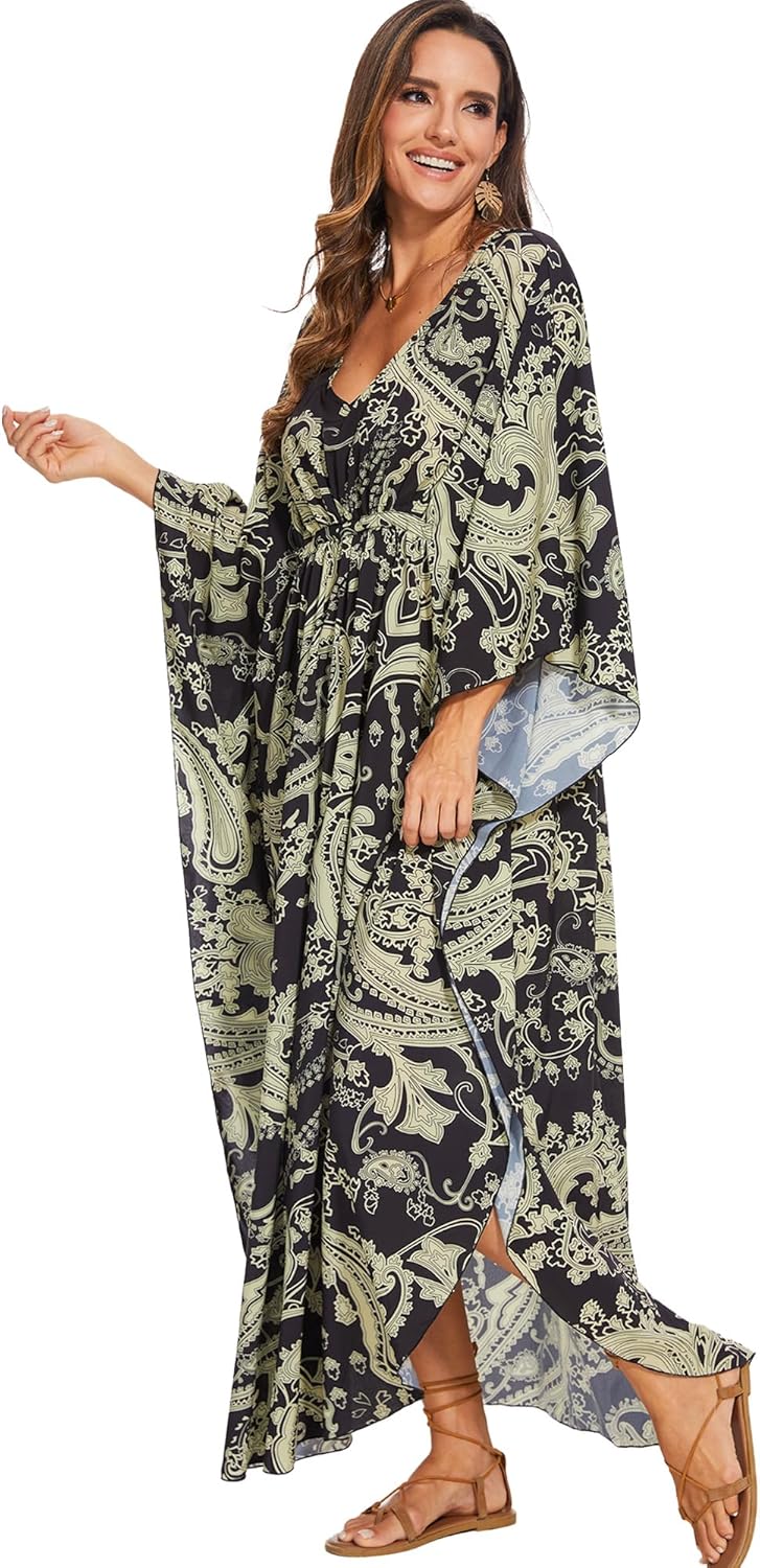 Moss Rose Kaftan Dresses for Women V Neck Summer Swimsuit Cover up Caftan Maxi Beach Dresses - Image 3