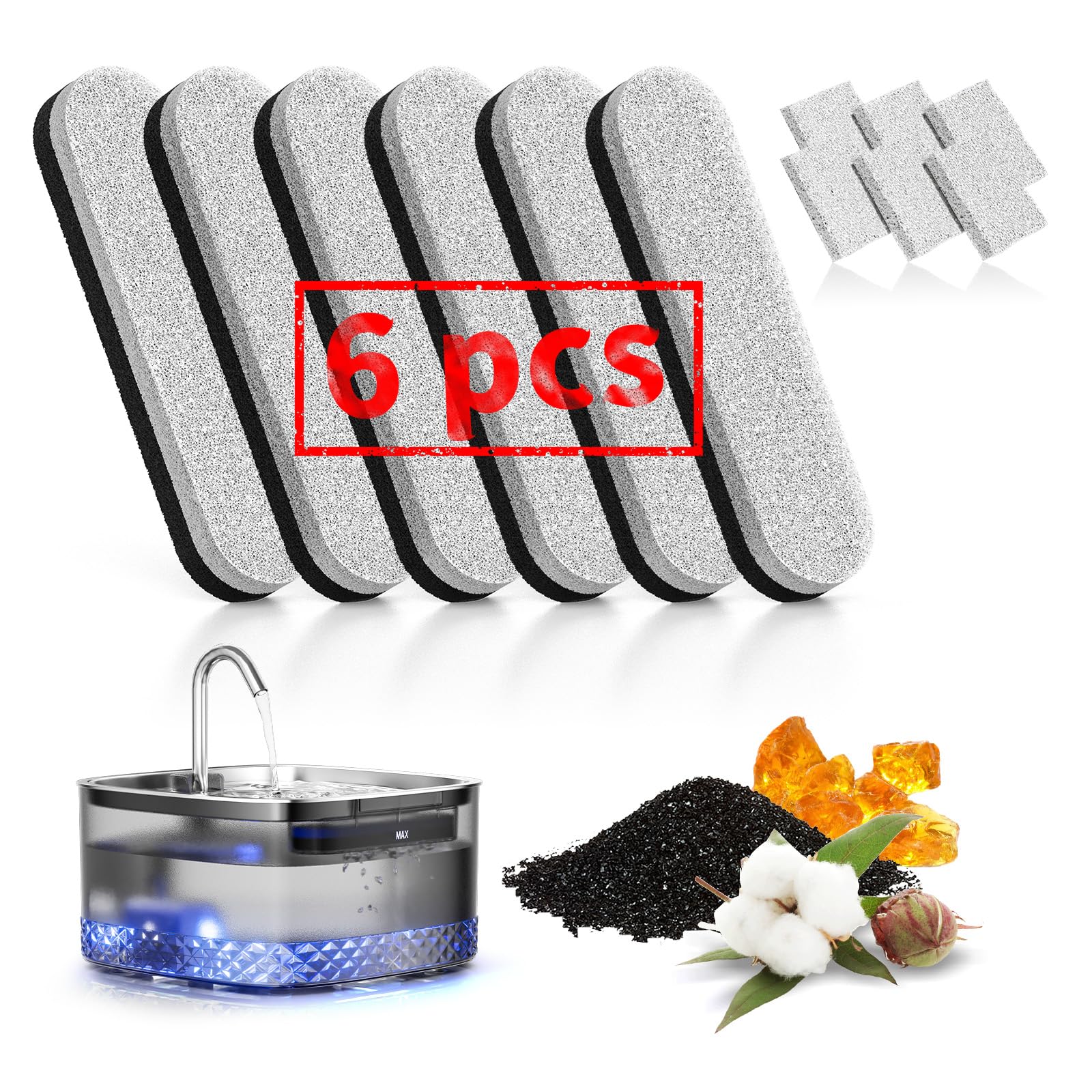Cat Water Fountain Filters for LUVMYPETT WF220 75oz/2.2L Water Dispenser, Replacement Pet Filter Cartridges for Dogs Cats Water Fountain,Activated Carbon 3-Layer Filtration,6 Pack/Box