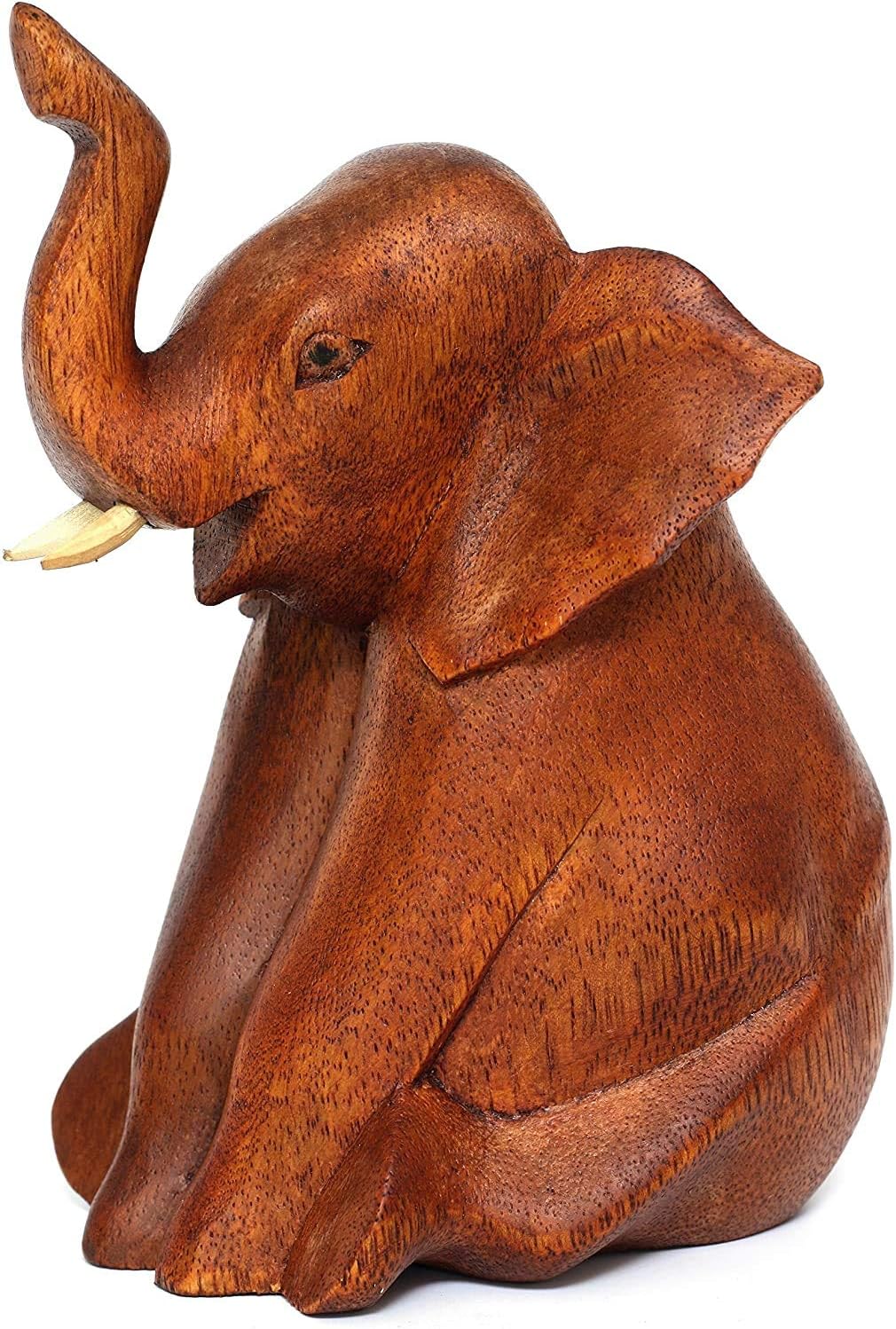 OMA Elephant Statue Lucky Fortune Solid Wooden Hand Crafted Sitting Elephant Statue Home Decor Gift