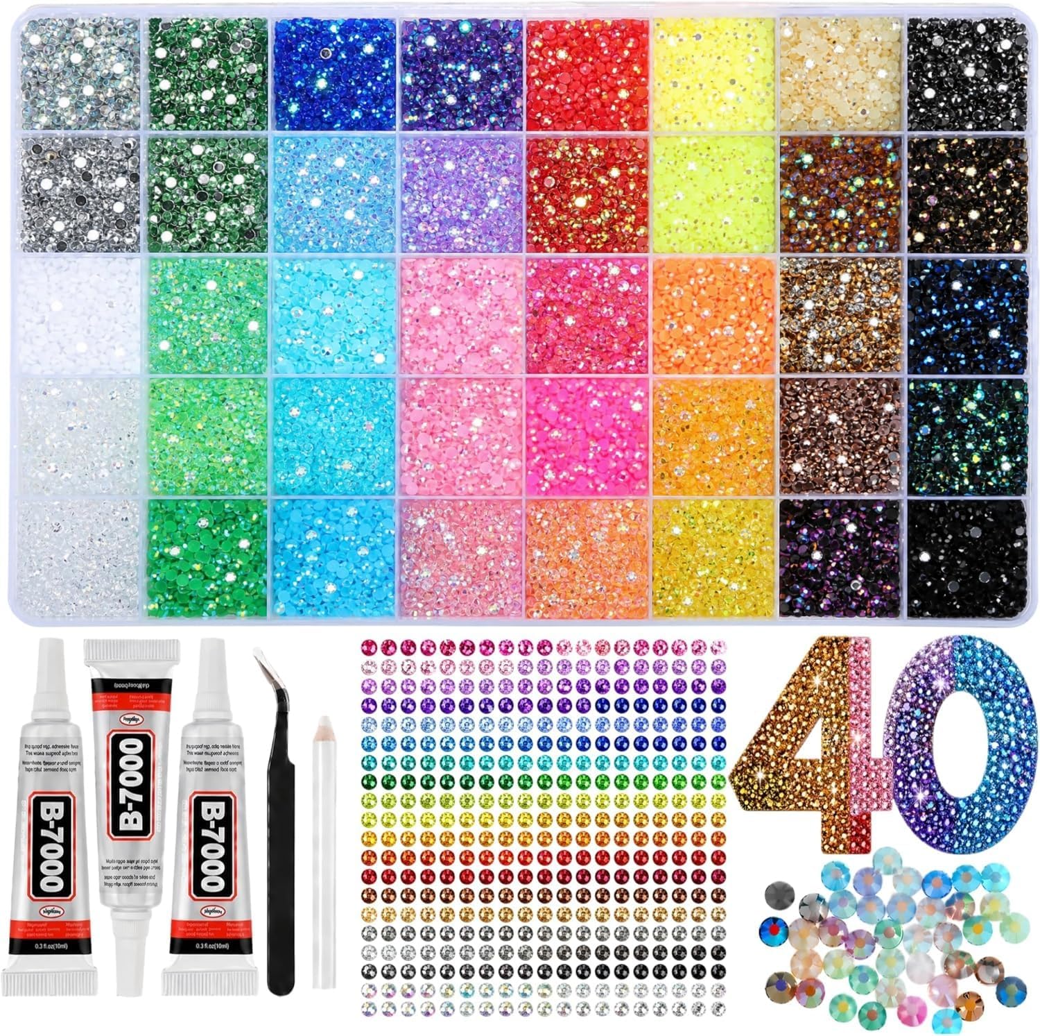 40 Colors Jelly Rhinestones for Bedazzling, 3mm 40000Pcs Multicolor Resin Flatback Gems for Diamond Art, Bedazzler Kit with 3Pcs 10ml B7000 Jewelry Glue for Crafting Book Shoes Nail Art