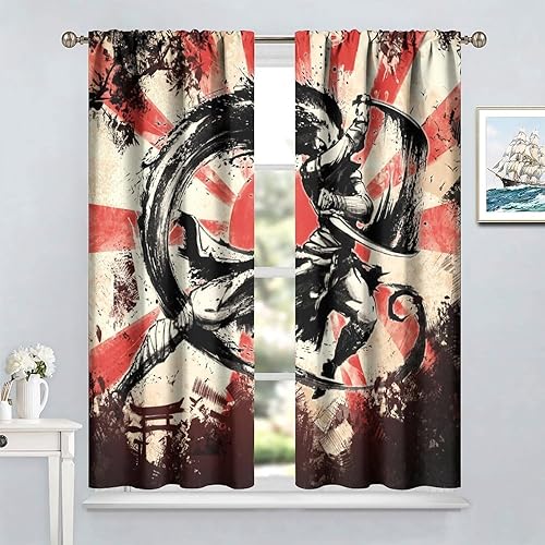 Miniatura 3 de Cortinas japonesas de anime con pintura de tinta, Samurái, decoración de habitación, cortinas de ventana rojas, negras y blancas, cortinas para