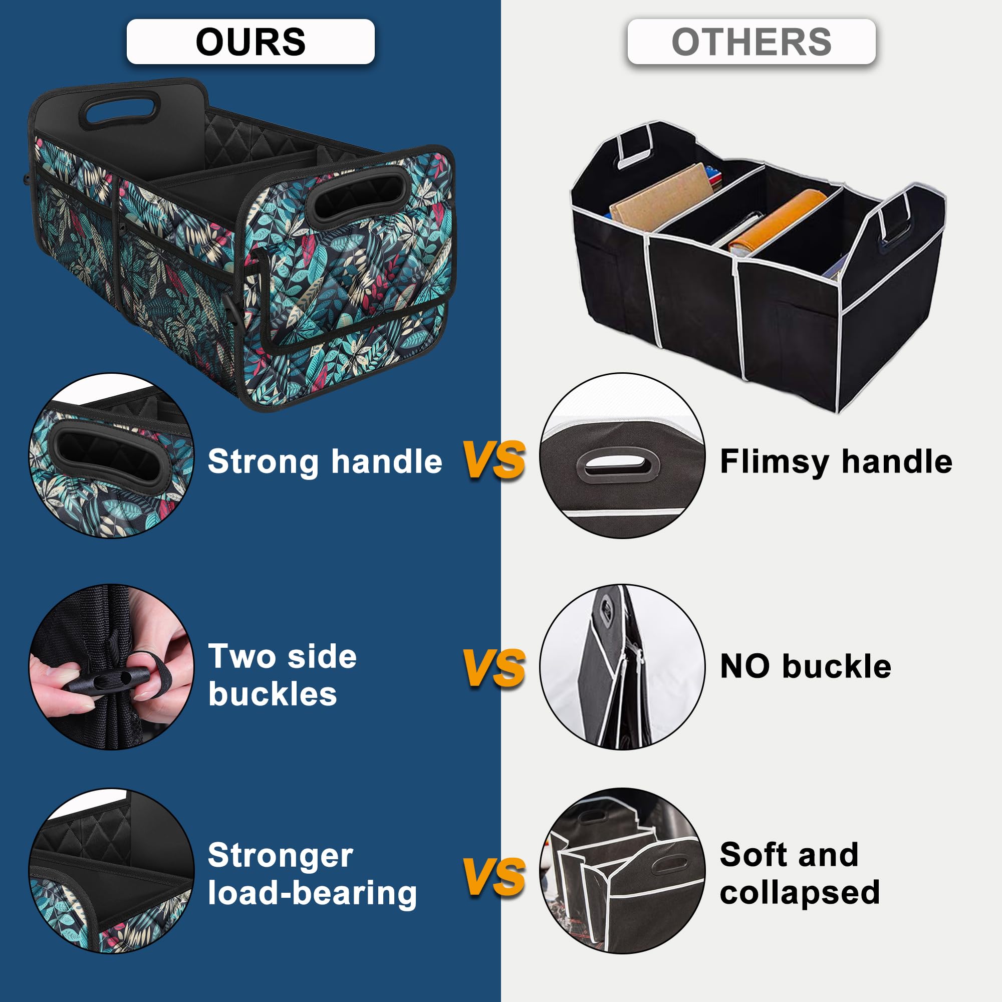 Deosk Organizador de maletero de coche, organizador plegable con 6 bolsillos grandes, organizador de maletero de poliéster impermeable 600D de 50 L para coche/SUV/minivan/camión, mediano, hojas