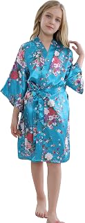 MORFORU Girls Kids Daffodils Silky Satin Kimono Robe for Wedding Spa Party, Short
