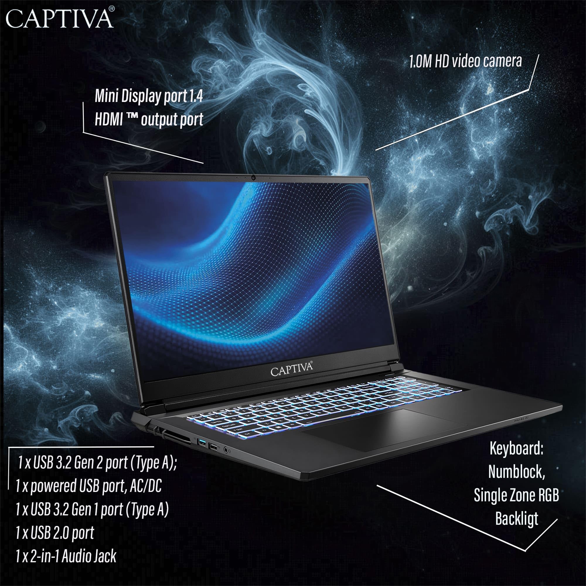 Captiva Notebook Highend Gaming I94-374GE | Intel Core i7 13620H | 32GB DDR5 RAM | NVIDIA GeForce RTX 5070 8GB | 2 TB SSD | 17,3 Zoll Full HD 144Hz | Windows 11 Home