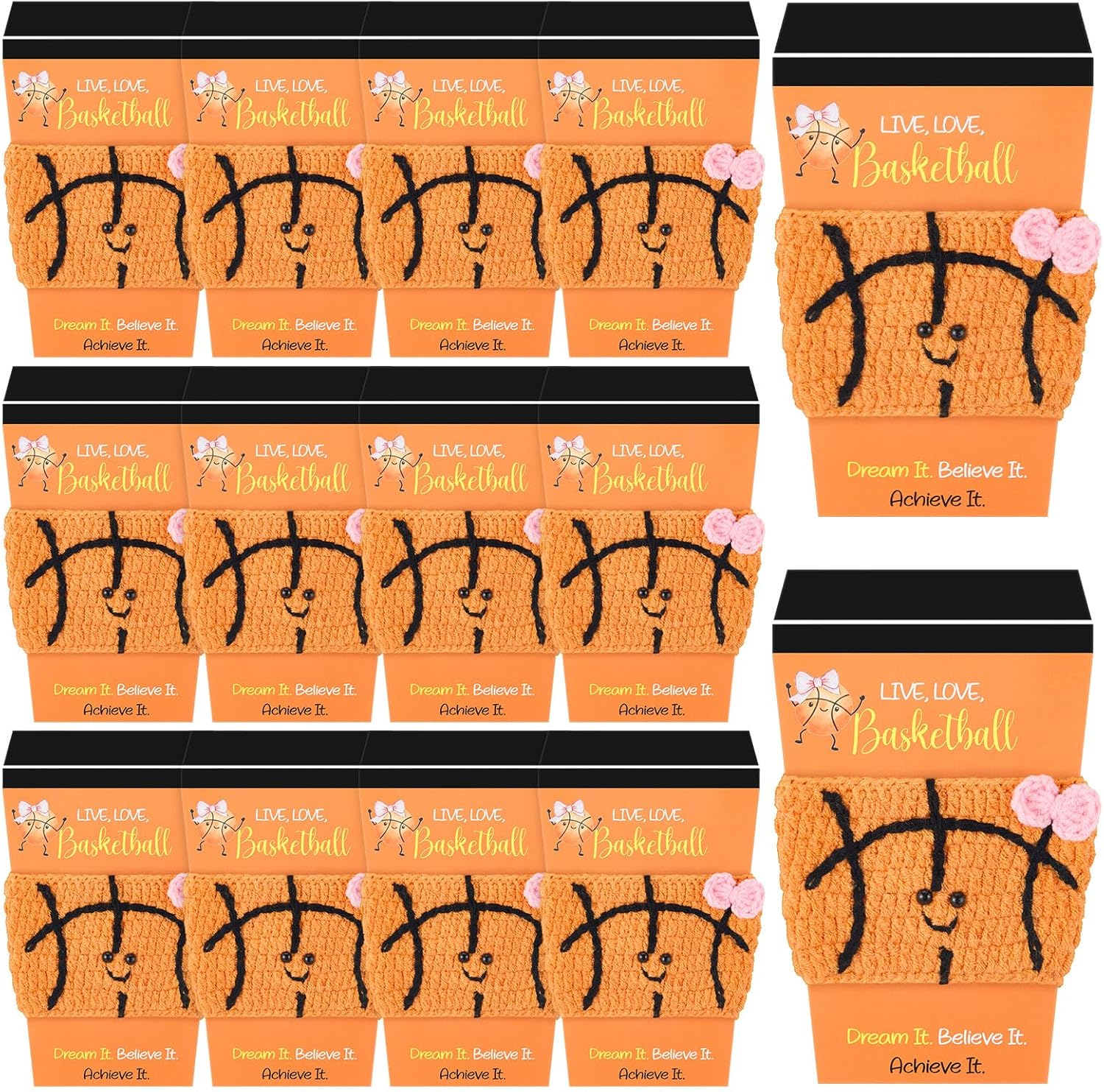 12 Sets Basketball Gifts Card Holders with Basketball Crochet Coffee Cozy Sleeve Pink Bow Sport Coffee Cup Gift Card Sleeves for Fans Player Sport Birthday Party Favors Teacher Friends