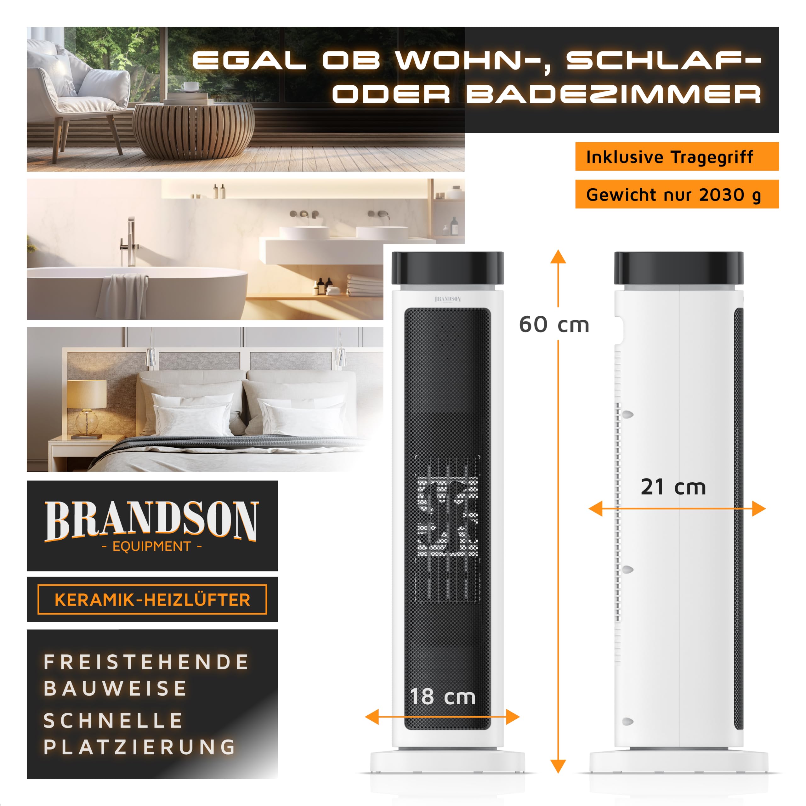 Brandson - Heizlüfter mit Fernbedienung - energiesparend ECO Modus – 2000 Watt Heater - mit Oszillation - 2 Heizstufen - Überhitzungs- und Umkippschutz - Badezimmer Schlafzimmer Baby Kinderzimmer