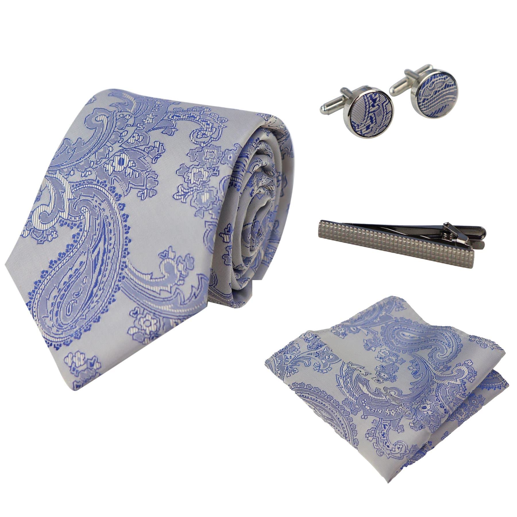 Paul Andrew Unisex Blue Paisley Neck Tie Pocket Square Cuff Links In