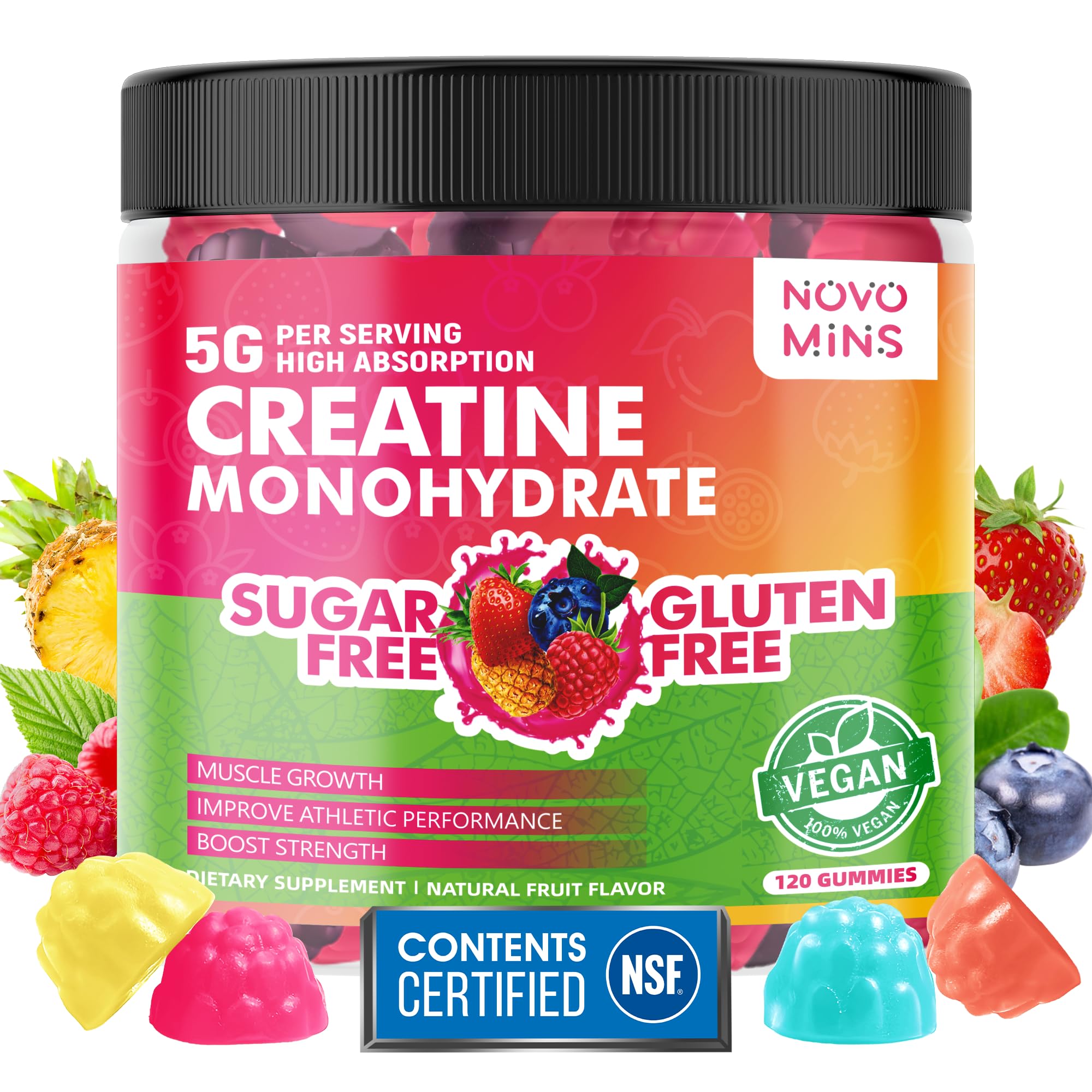 novomins Creatine Monohydrate Gummies 5000mg for Men & Women, Chewables Creatine Monohydrate for Muscle Strength, Muscle Builder, Energy Boost, Pre-Workout Supplement(120 Count)