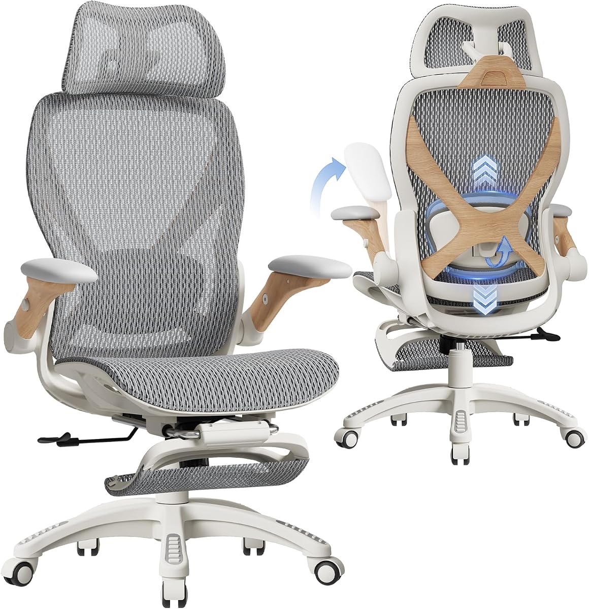 X100 Ergonomic Mesh Office Chair with Footrest, Big and Tall Home Desk Chair with 5D Flip-Up Arms, Adjustable 3D Lumbar Support, Gaming & Executive Computer Chair (Foggy Morning)