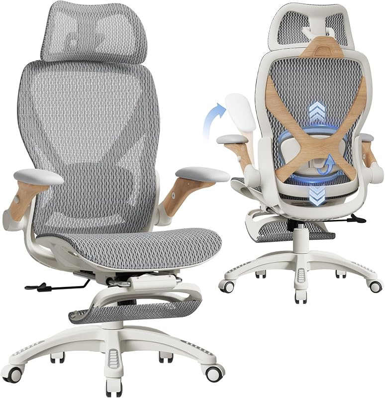 X100 Ergonomic Mesh Office Chair with Footrest, Big and Tall Home Desk Chair with 5D Flip-Up Arms, Adjustable 3D Lumbar Support, Gaming & Executive Computer Chair (Foggy Morning)
