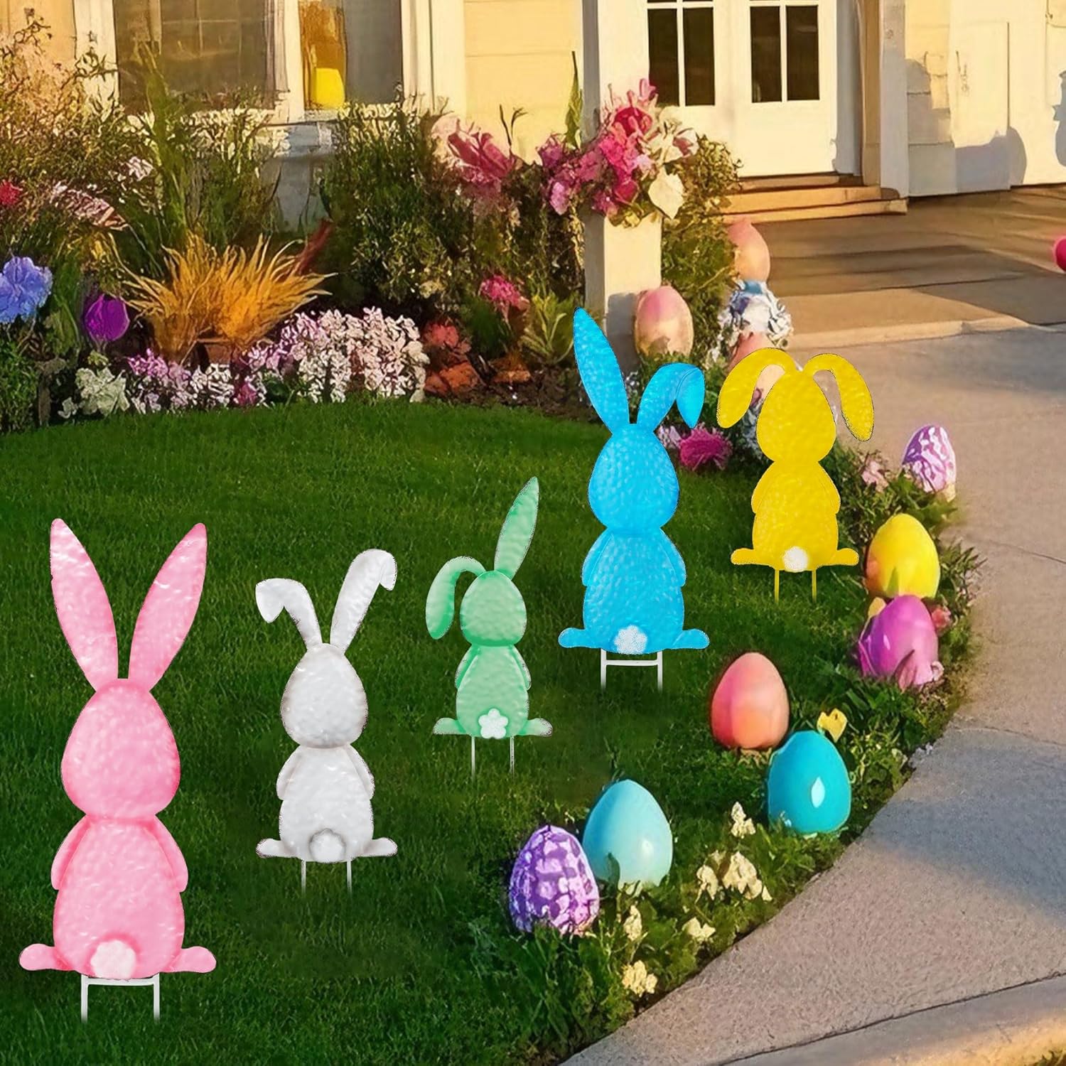 Treewoll5 Packs Easter Garden Stakes Decorations, Metal Bunny Yard Signs, Adorable Rabbit Stakes in Five Colors for Courtyard Patio Spring Lawn Holiday Outdoor Display Props