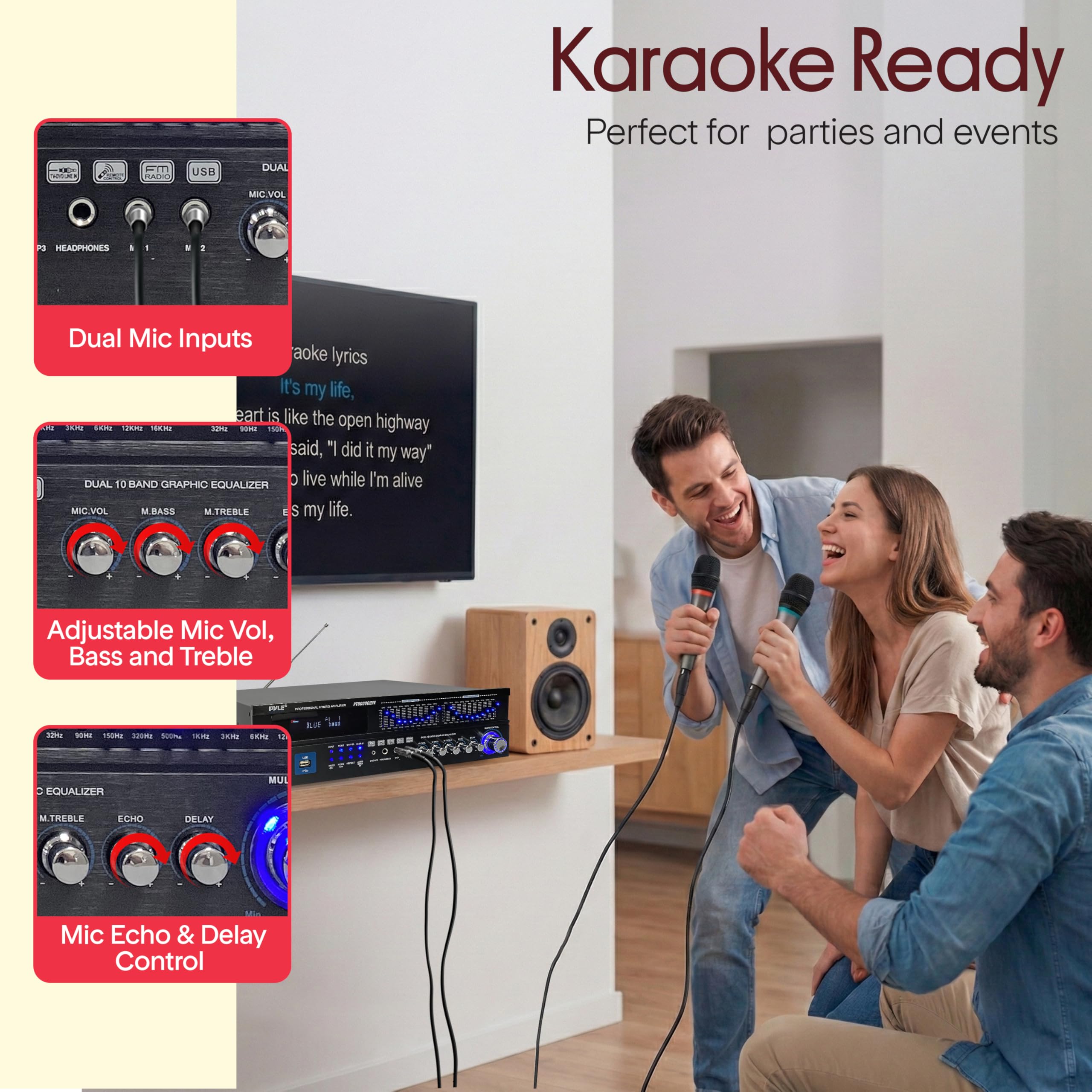 Pyle PT6060CHAE - Amplificatore domestico ibrido Bluetooth a 6 canali, 2000 W, montaggio su rack stereo, ricevitore con radio, USB/AUX/RCA/microfono, ottico/coassiale, ingressi AC-3, DVD,