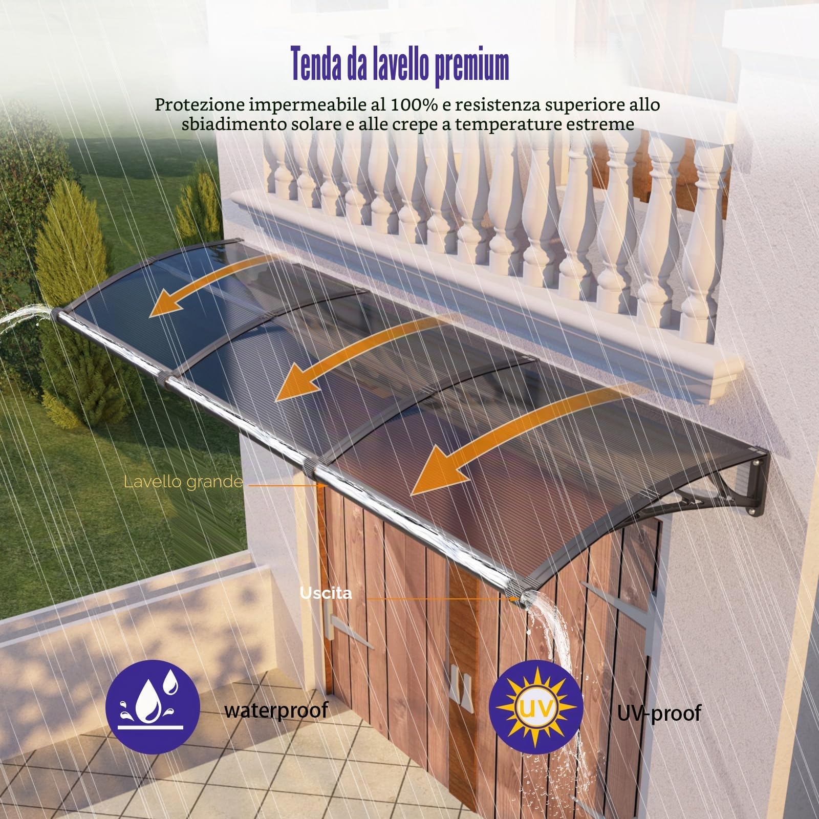 Pensilina da Esterno 100 x 235 cm Policarbonato Tettoia - Groove di Scarico, Protezione UV, Pioggia, Neve e Sole per Patio, Porta e Finestra
