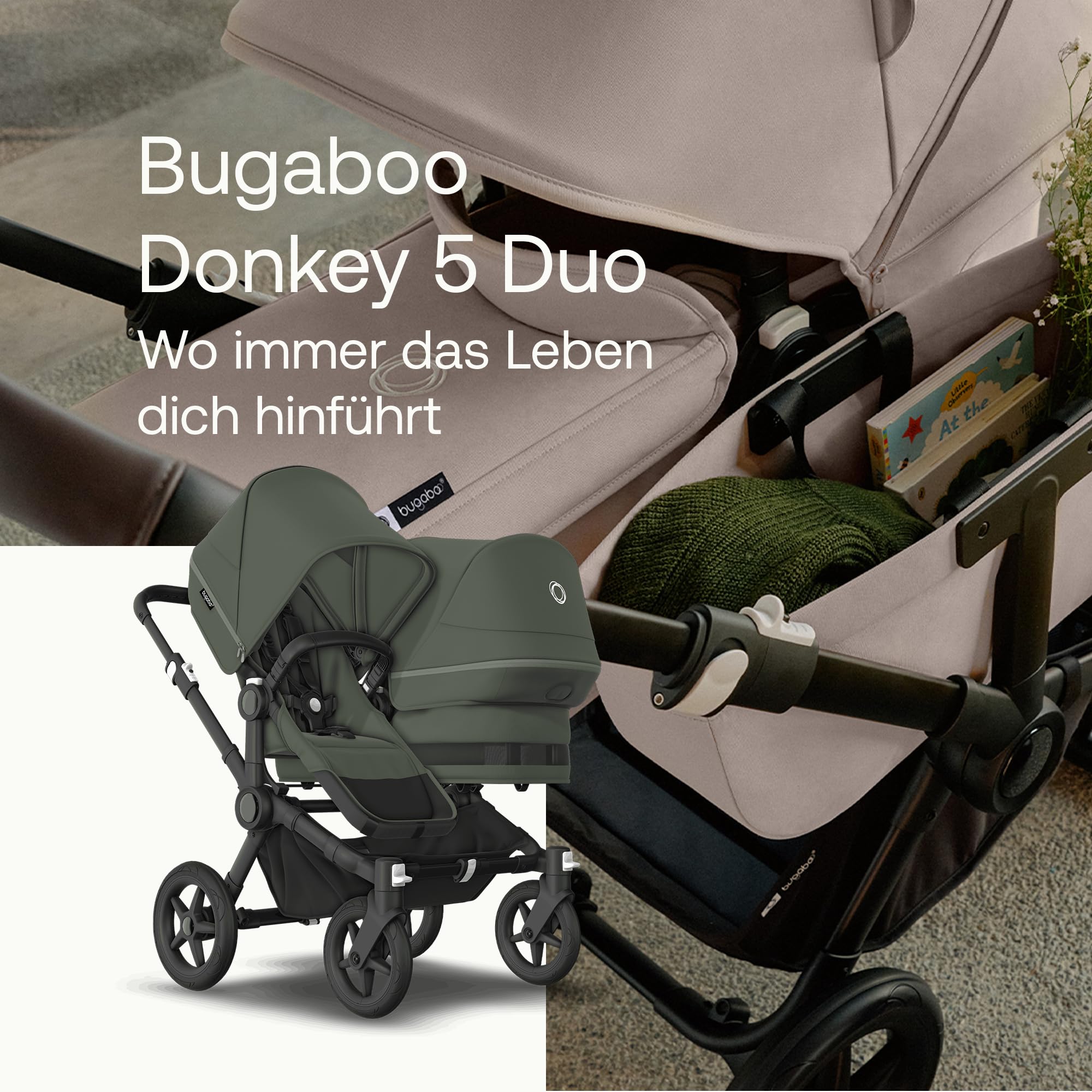 Bugaboo Donkey 5 Duo Erweiterungsset, verwandelt Donkey 5 Mono in Doppelkinderwagen, Side By Side-Design, wendbarer Sitz, Ein-Hand-Lenkung, Forest Green