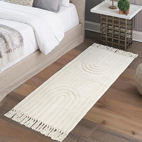 Miniatura 8 de Lanffia Alfombra bohemia de camino de cocina, 2 x 4.3 pies, color beige, tejida y lavable, alfombra de algodón con borlas, moderna alfombra de baño