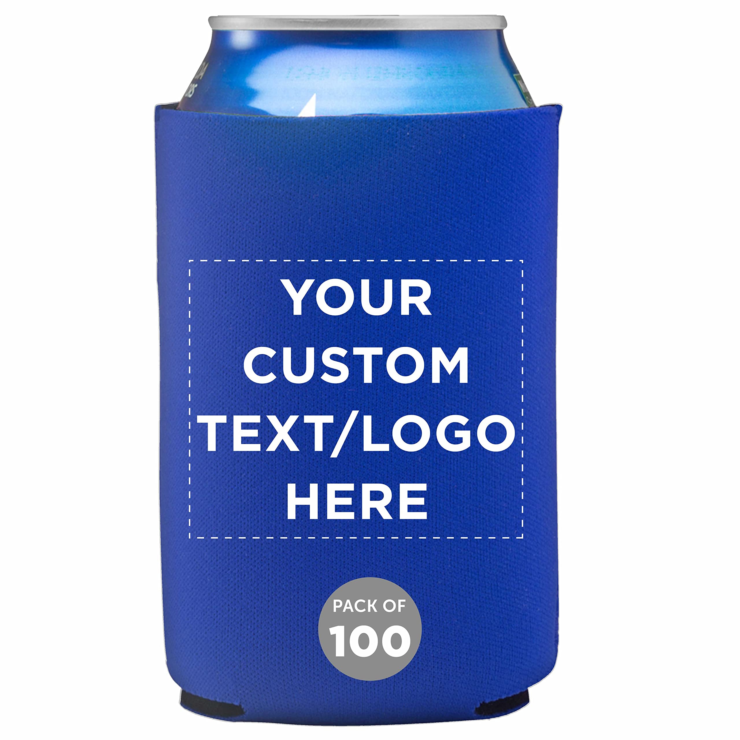 Custom Neoprene Collapsible Can Coolers 12 oz. Set of 100, Personalized Bulk Pack - Great for Beer, Soda, Other Beverages, July 4th Giveaway - Royal Blue