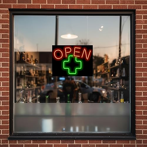 Miniatura 2 de Letrero de neón abierto con cruz médica, 24 pulgadas de ancho x 18 pulgadas de alto, letrero de neón doblado a mano real, letras rojas con una cruz