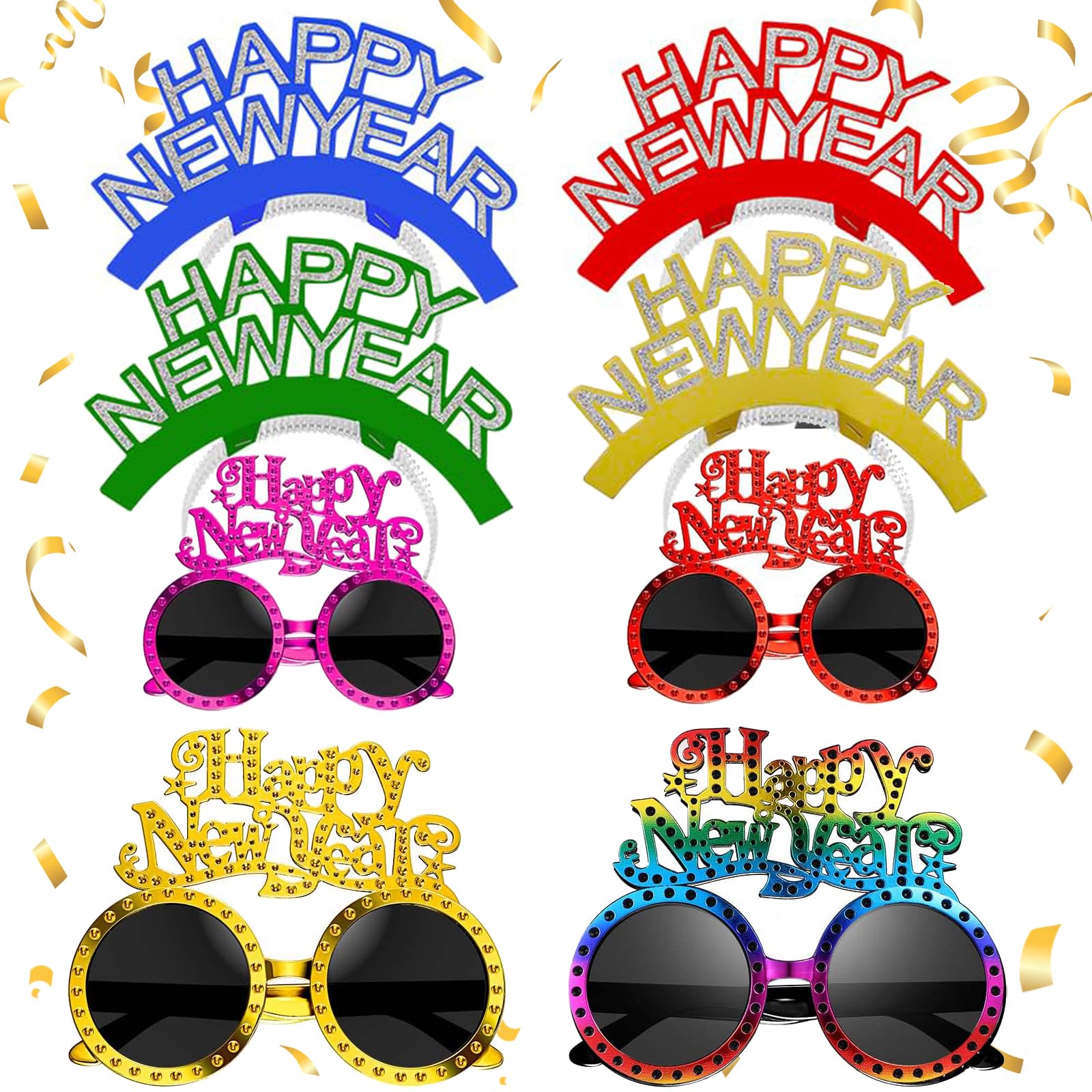 Sunwuun 8 PCS New Years Eve Decorations 2026,Happy New Year 2026 Decorations,Happy New Year Glasses and Happy New Year Headband,New Years Eve Party Supplies,Happy New Year Eve Accessories