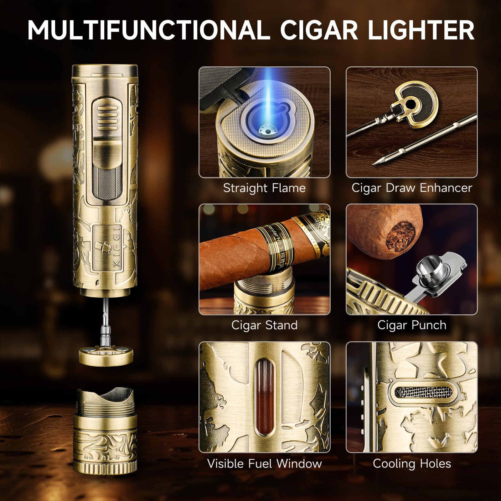 XIFEI Taschenlampe Feuerzeug, 4 in 1 Zigarrenfeuerzeug mit Jet Flame, Punch, Halter, Draw Enhancer, Winddicht Nachfüllbar Butan Feuerzeuge, Multifunktions Zigarren Zubehör Geschenk für Männer (Bronze)