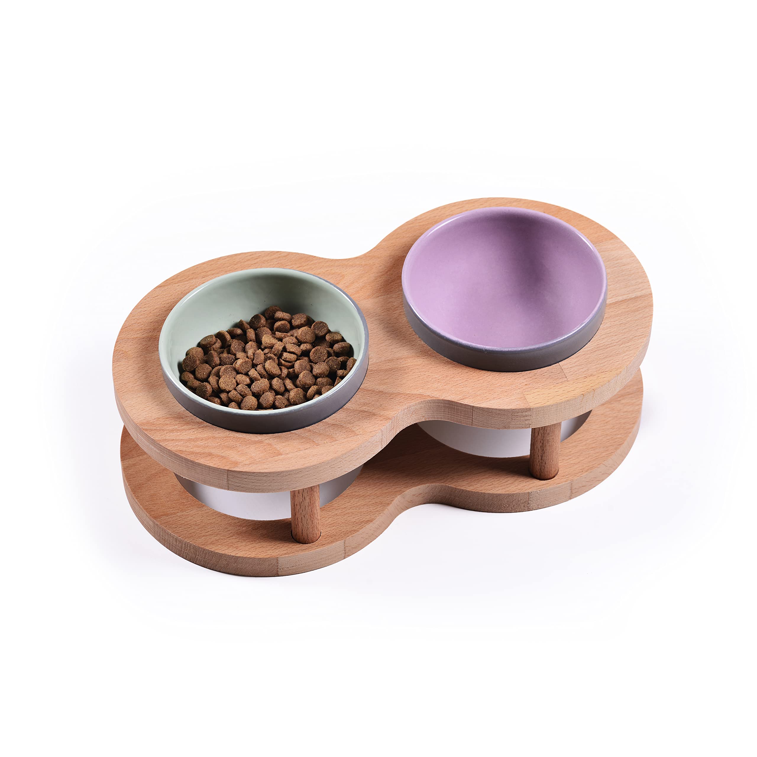 Lot de 2 gamelles en céramique avec support en bois pour chien et chat - Sans déversement - Pour nourriture et eau - Pour chats et petits chiens - Table à manger - Style clôture - Double gamelle