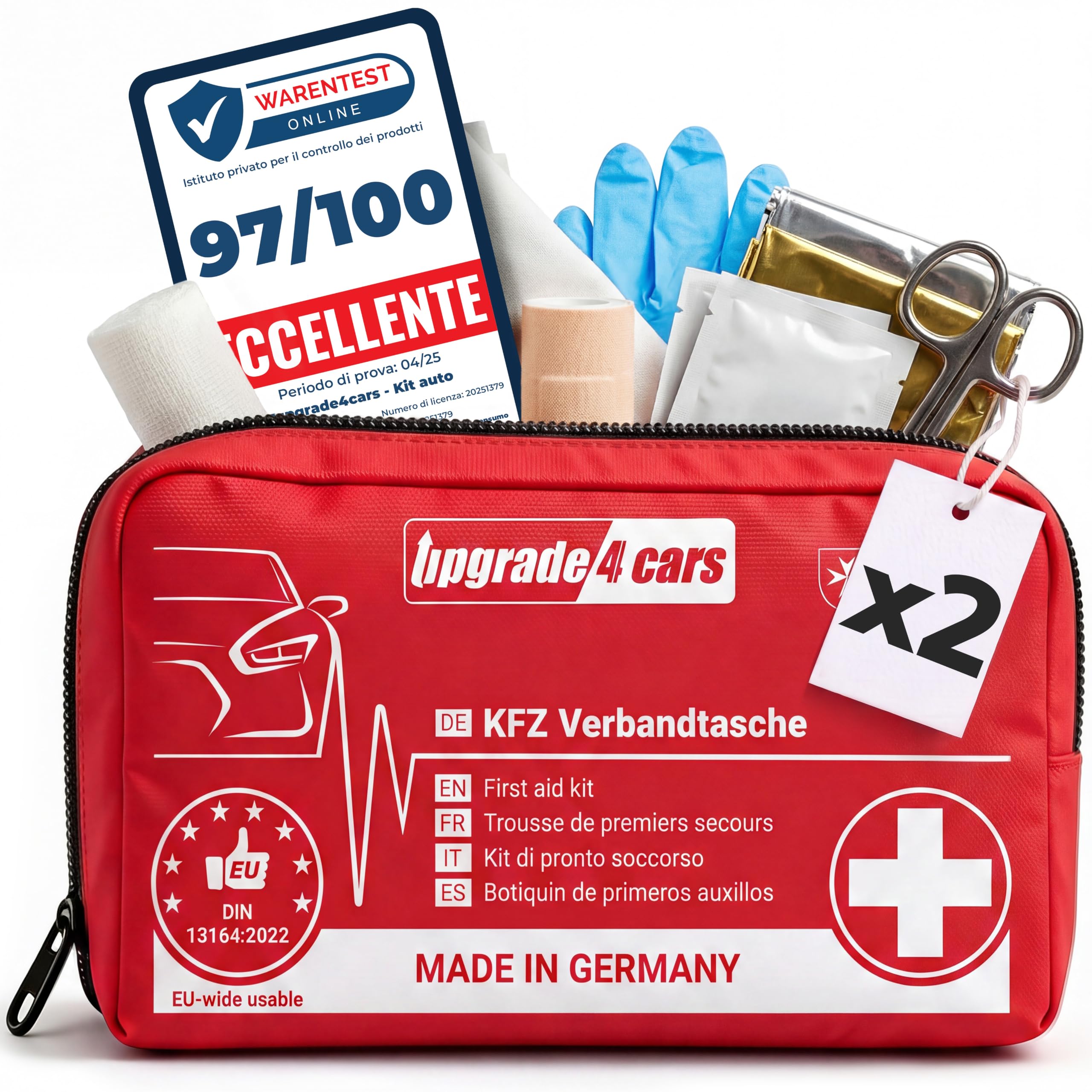 Upgrade4cars 2 x Kit Pronto Soccorso Auto Made in Germany Accessori | Set completo & certificato | Norma DIN 13164 | Accessorio pratico per il veicolo | per Estate & Inverno