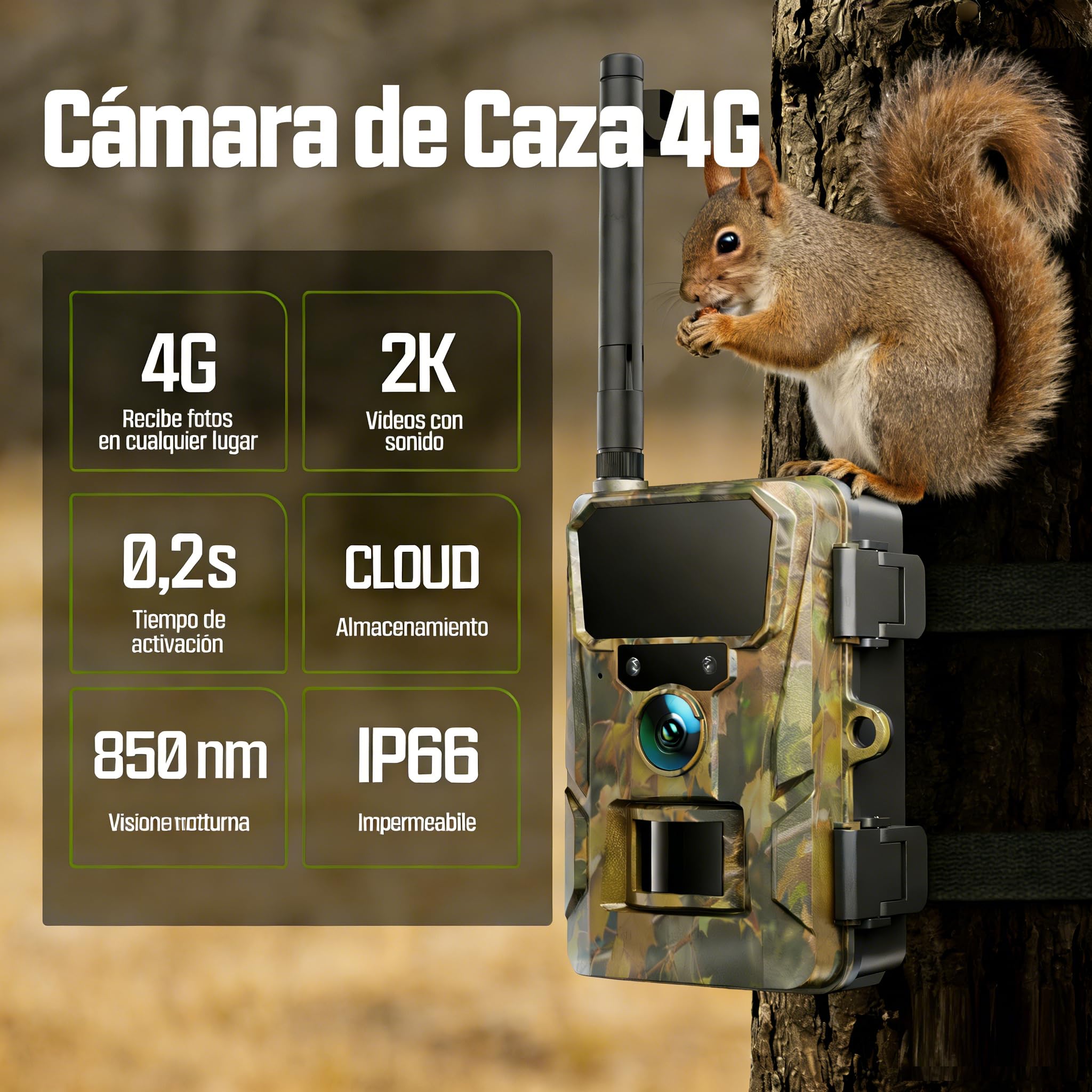 CEYOMUR 4G LTE Cámara Caza con Tarjeta Sim, 2K 48MP Visión Nocturna Activación por Movimiento Control App, Camara Fototrampeo con Disparo de 0,2s, Almacenamiento en La Nube/TF, Impermeable IP66