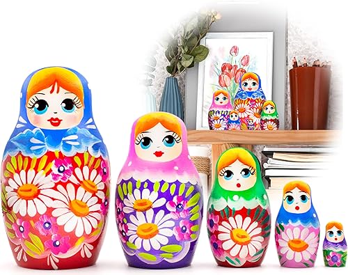 AEVVV Juego de 5 mini muñecas rusas de anidación - Muñecas apilables de madera - Baboushka Muñecas anidables con decoraciones de flores