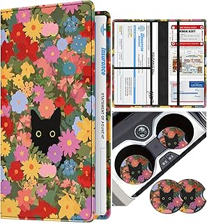 Slohif Car Registration and Insurance Card Holder - Flower Vehicle Glove Box Organizer Women with Magnetic Shut Leather Automobile License Holders Coasters Auto Accessories Case for Document