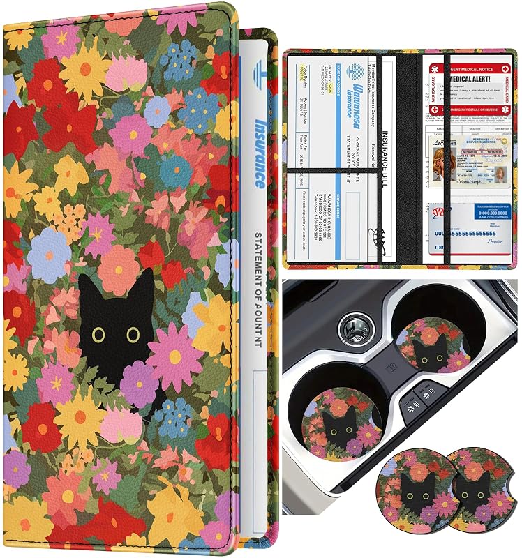 Slohif Porta-Documentos Automotivo para Porta-Luvas com Fechamento Magnético e Porta-Copos Estampa Gato, Kit com 2 peças