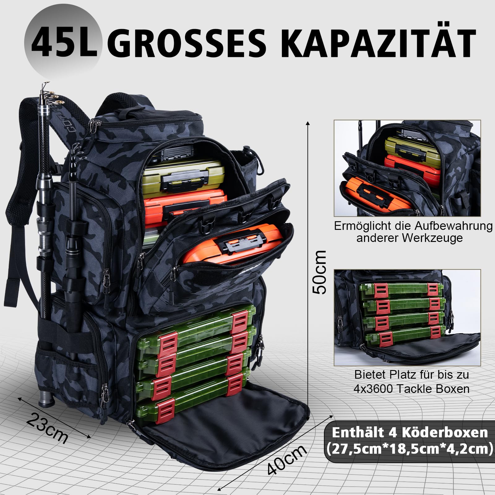 Goture Mochila de pesca con 4 cajas de cebo de pesca, mochila de 45 litros con dos soportes para cañas y protector de lluvia, tela Oxford 900D, bolsa impermeable para aparejos de pesca con