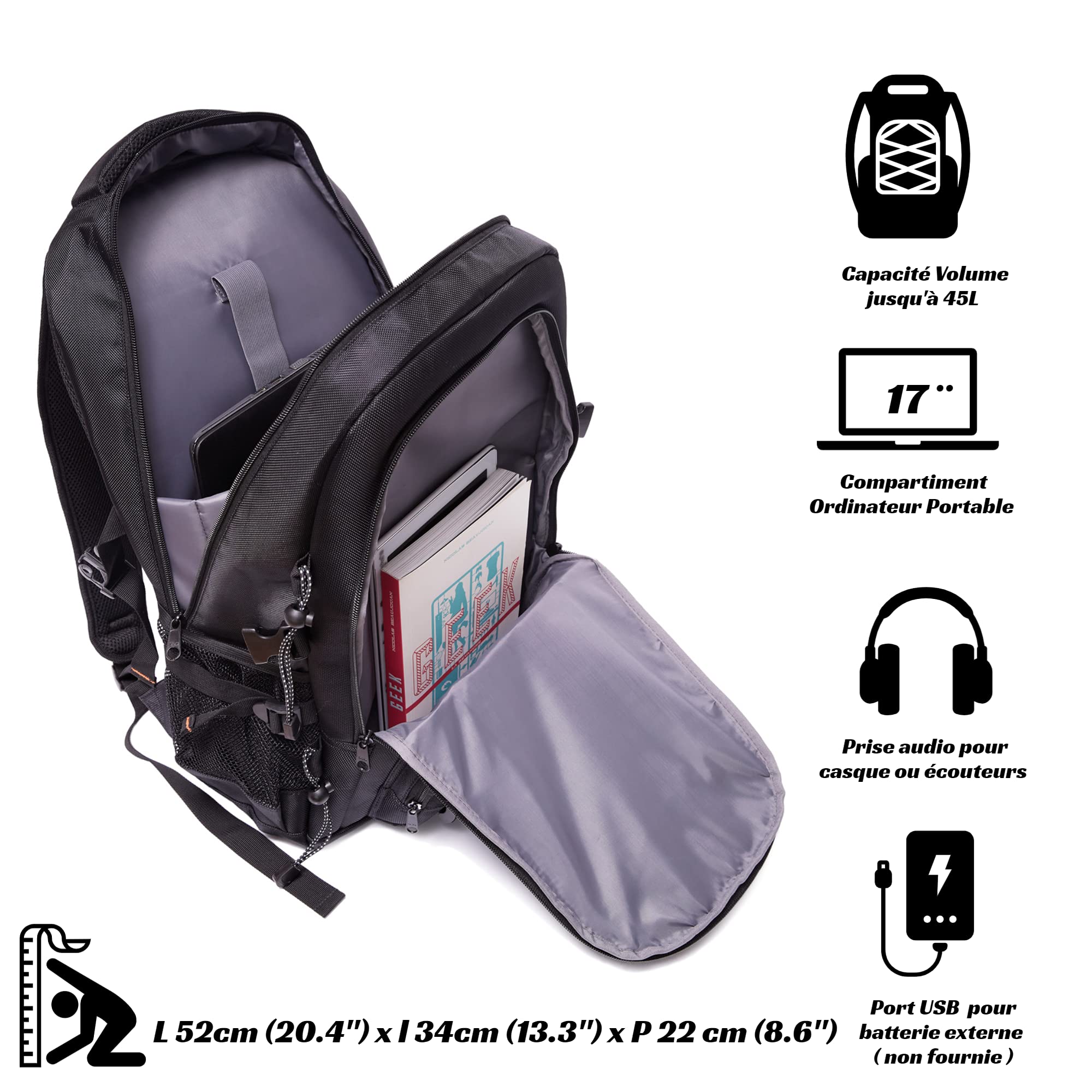 HOKAGEEK JIGEN Zaino per computer portatile da 17,3" 45L con porta USB e jack audio per business da viaggio escursionismo multifunzione, Nero , L 52 X l 34 X P 22 cm (20.4 X 13.3 X 8.6 In), Zaino da