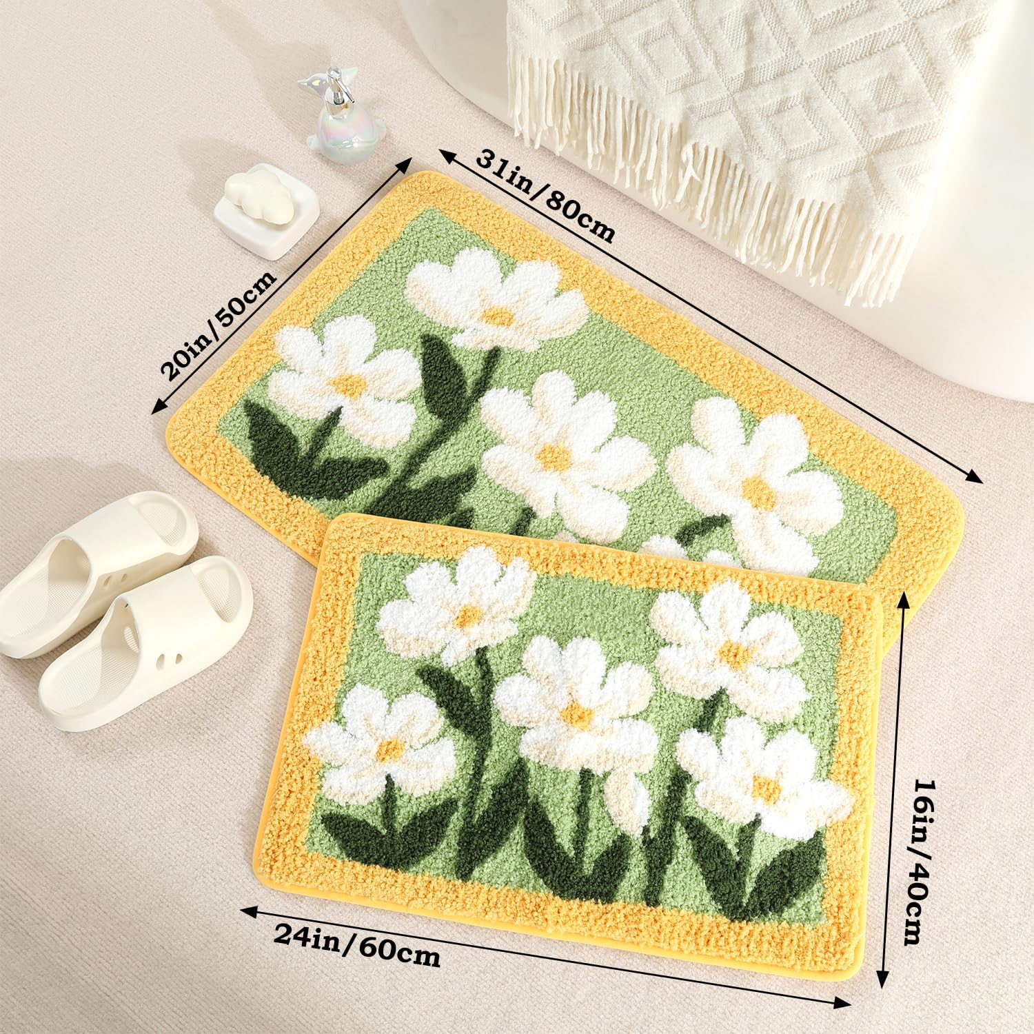 Premium Bath Rug Mat - Super Absorbent, Non-Slip Bathroom Carpet with Thick Plush, Soft and Durable for Bathroom, Kitchen, Machine Washable, 20" x 31", White Flowers