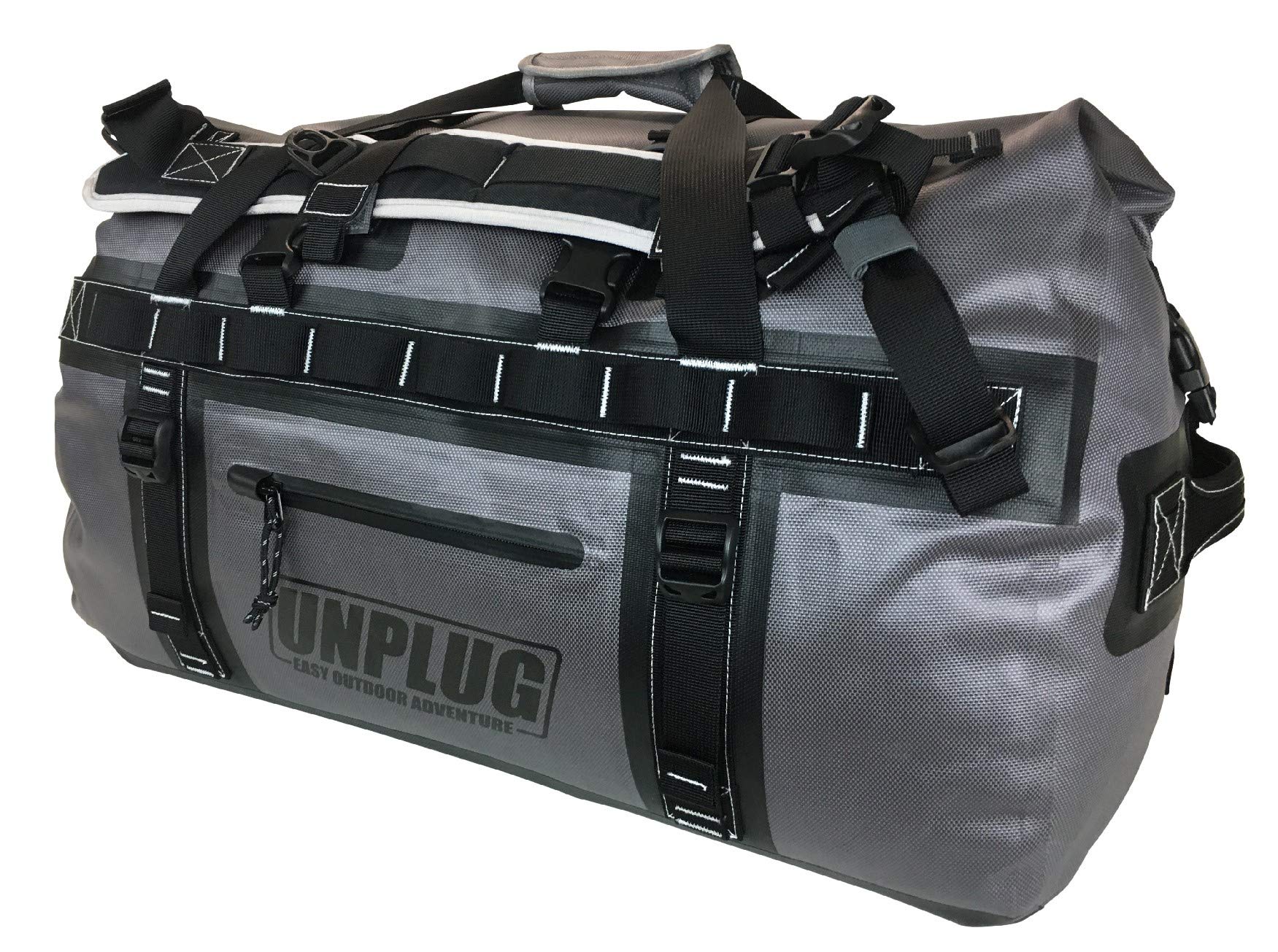 Unplug Reisetasche Damen groß, Sporttasche rucksackfunktion, Duffle Bag Herren, Reisetasche 100l 90l, Reisetasche mit rucksackfunktion, wasserdichte Taschen für Boote (65L Sturmgrau)