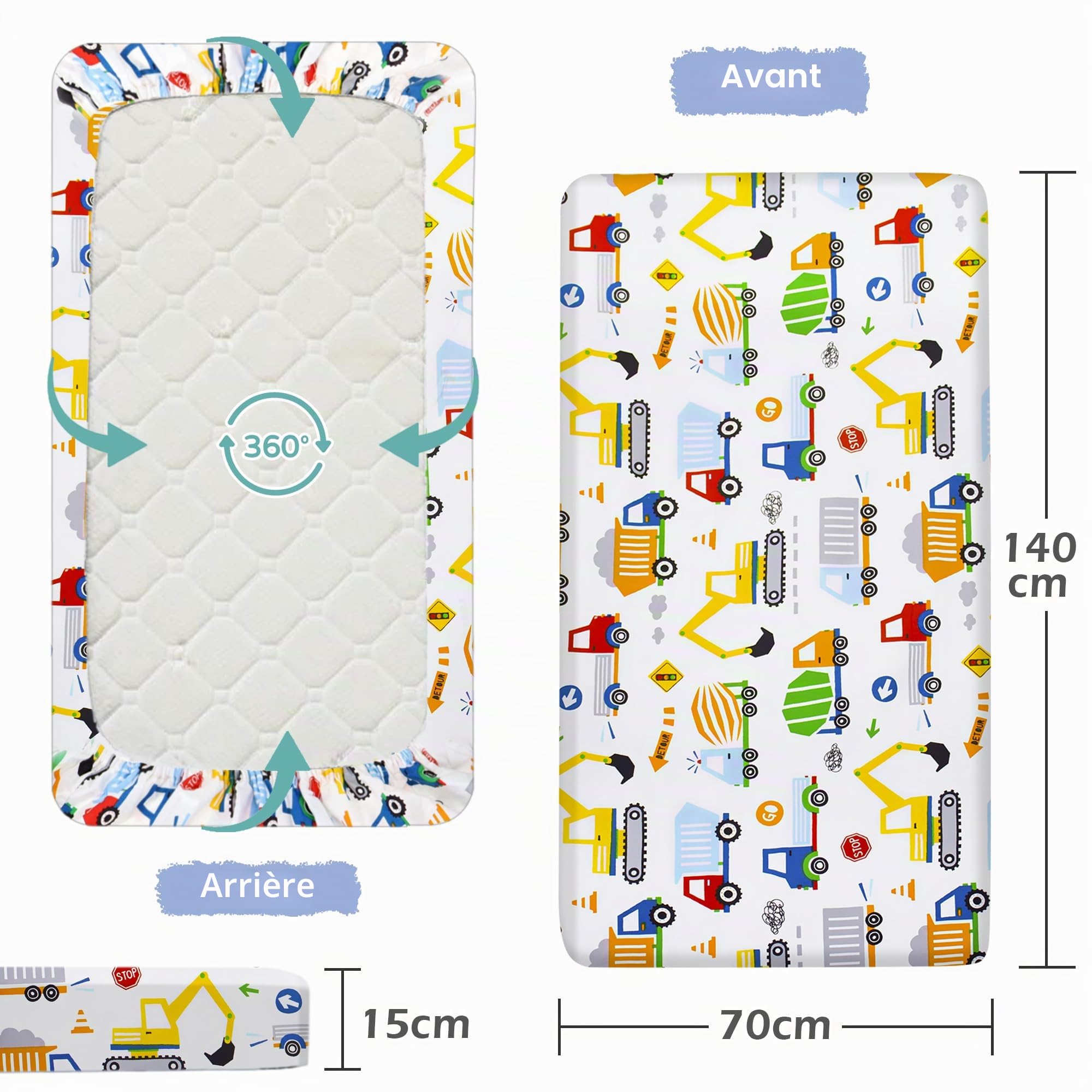 Baby Amabc Lot de 2 draps-housses pour lit de bébé 140 x 70 cm | Literie pour lit de bébé | Facile d'entretien en coton doux et durable, motif voiture et dinosaure uniques