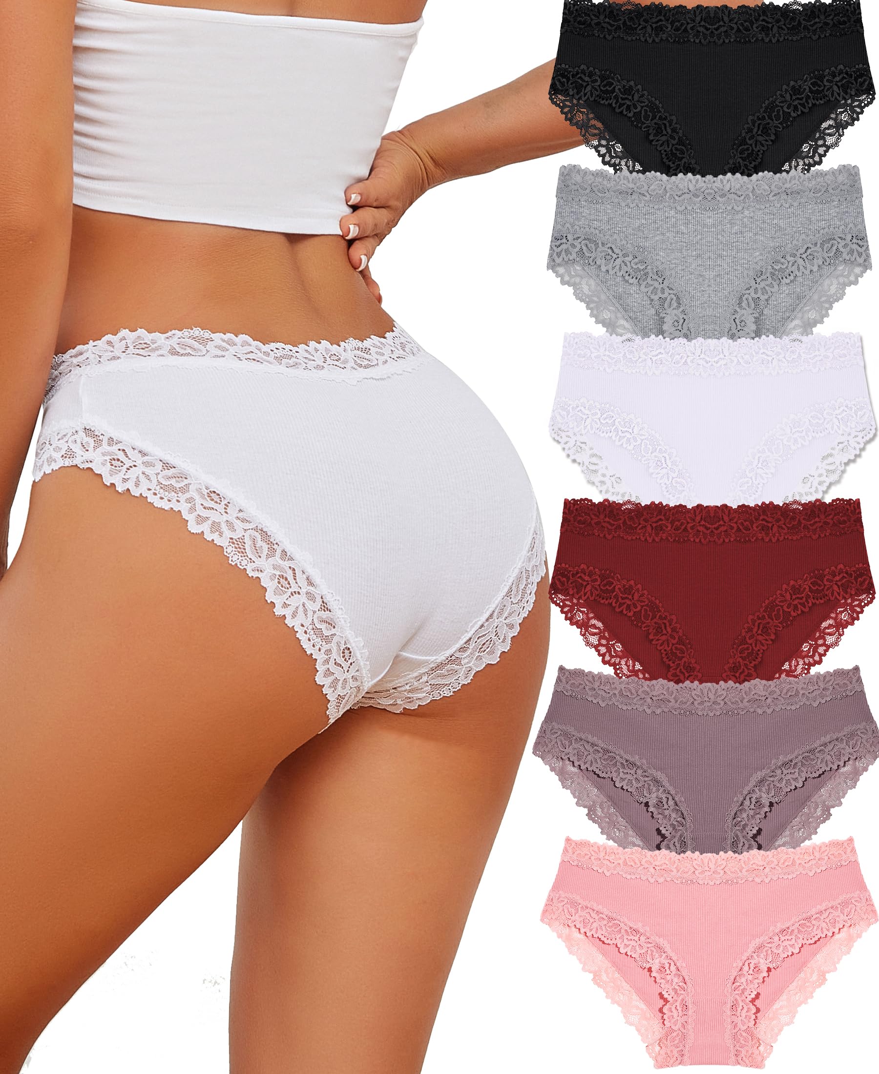 ALL OF SHE 6 Pezzi di Biancheria Intima da Donna in Cotone Brasiliano, Slip in Pizzo Morbido Hipster Sexy Panties Mutande da Donna morbide, Taglie Confezione S-2XL