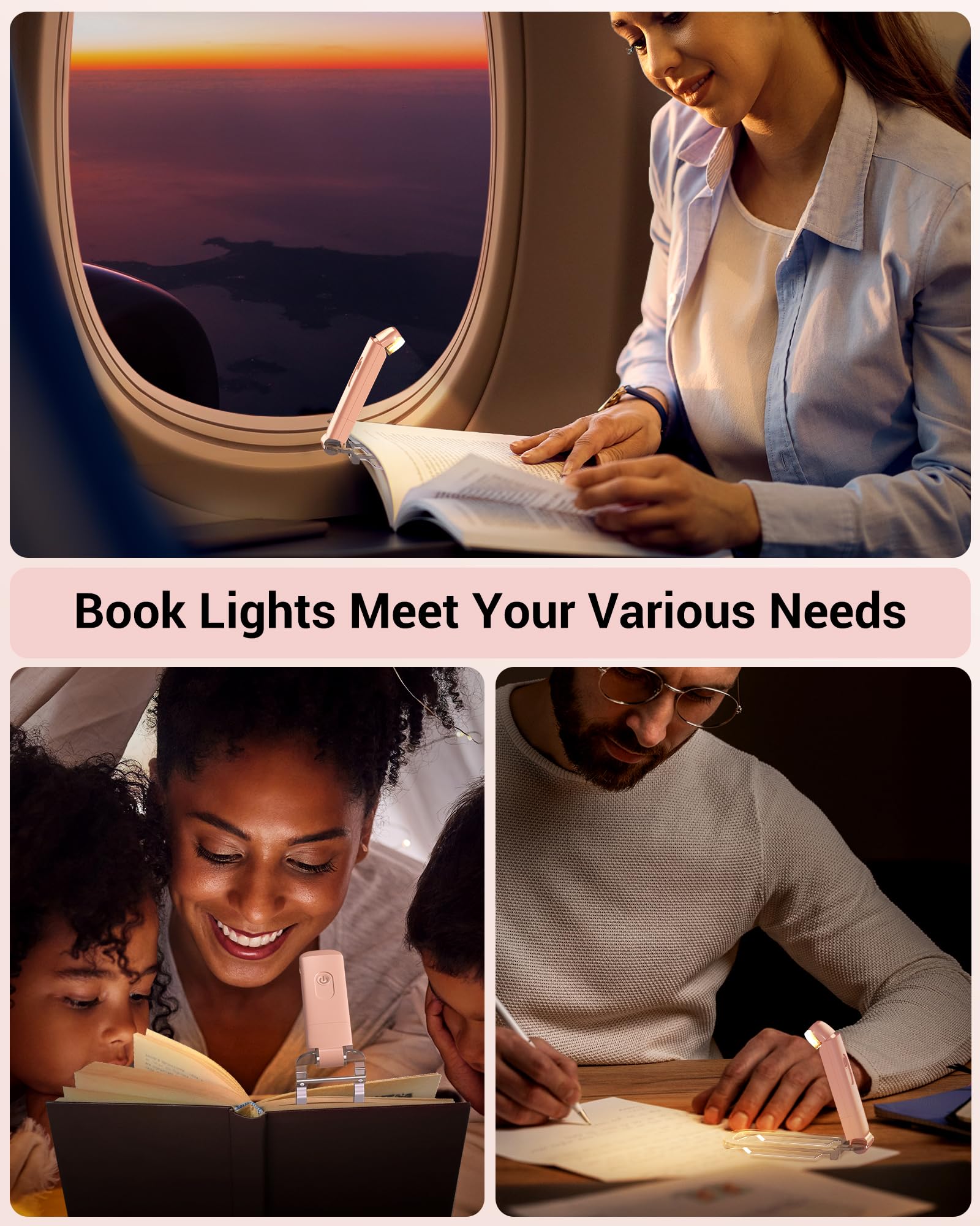 DEWENWILS Lampada da lettura con clip, ricaricabile tramite USB, colore: rosa | Bianco caldo, luminosità regolabile, angolo di illuminazione flessibile, segnalibro portatile per topi di biblioteca, bambini